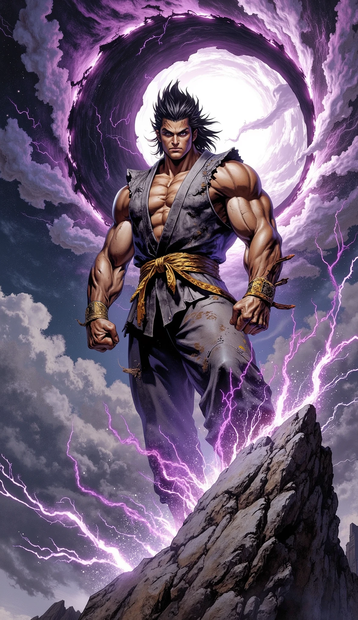 (Masterpiece, 8K resolution, best quality, hyper-detailed, photorealistic), award-winning character art, fantasy realism.
A colossal young martial artist, a titan of raw, untamed power, stands in a defiant, proud stance atop a jagged, windswept mountain precipice. His face is chiseled and handsome, radiating ferocious confidence through his piercing eyes. A cocky, arrogant smirk plays on his lips, accentuating a long, jagged scar that descends from his temple. His thick, spiky hair, a chaotic mane of jet black streaked with molten gold, defies gravity.
He is clad in a weathered, sleeveless martial arts gi, ripped and frayed from countless battles, its lapels thrown open to reveal a statuesque, heavily muscled torso. A thick, woven hemp belt cinches his waist over loose-fitting, rugged trousers.
A violent, crackling aura of deep amethyst energy erupts from his body, with wisps of purple lightning arcing from his fists.
The background is a breathtaking celestial maelstrom. Immense, storm-laden clouds of inky black and brilliant white violently collide, forming a colossal, super-cell Yin-Yang symbol that dominates the sky. Dramatic god rays pierce through the swirling vortex, casting cinematic, high-contrast lighting.
(Low-angle shot, dynamic composition, intense rim lighting, volumetric light, intricate details, perfect anatomy, flawless hands).
Art style by WLOP, Greg Rutkowski, and Frank Frazetta. Rendered in Unreal Engine 5.