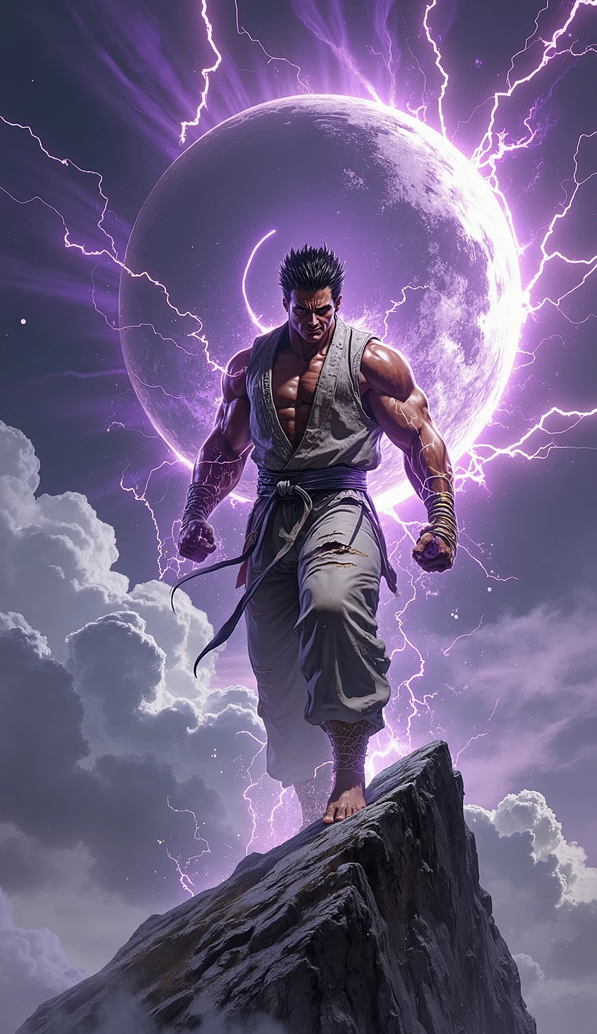 (Masterpiece, 8K resolution, best quality, hyper-detailed, photorealistic), award-winning character art, fantasy realism.
A colossal young martial artist, a titan of raw, untamed power, stands in a defiant, proud stance atop a jagged, windswept mountain precipice. His face is chiseled and handsome, radiating ferocious confidence through his piercing eyes. A cocky, arrogant smirk plays on his lips, accentuating a long, jagged scar that descends from his temple. His thick, spiky hair, a chaotic mane of jet black streaked with molten gold, defies gravity.
He is clad in a weathered, sleeveless martial arts gi, ripped and frayed from countless battles, its lapels thrown open to reveal a statuesque, heavily muscled torso. A thick, woven hemp belt cinches his waist over loose-fitting, rugged trousers.
A violent, crackling aura of deep amethyst energy erupts from his body, with wisps of purple lightning arcing from his fists.
The background is a breathtaking celestial maelstrom. Immense, storm-laden clouds of inky black and brilliant white violently collide, forming a colossal, super-cell Yin-Yang symbol that dominates the sky. Dramatic god rays pierce through the swirling vortex, casting cinematic, high-contrast lighting.
(Low-angle shot, dynamic composition, intense rim lighting, volumetric light, intricate details, perfect anatomy, flawless hands).
Art style by WLOP, Greg Rutkowski, and Frank Frazetta. Rendered in Unreal Engine 5.