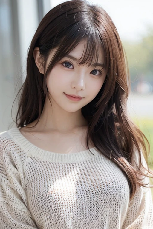 masutepiece, Best Quality, Illustration, Ultra-detailed, finely detail, hight resolution, 8K Wallpaper, Perfect dynamic composition, Beautiful detailed eyes, doress, long Hair, mid-chest, Natural Color Lip, Random and sexy poses,Smile, Blurred park background、20 years girl、Colossal 、Too much exposure、No shoulder knitwear（gray）、Exposing the chest、Slid、I keep my hair tied up
