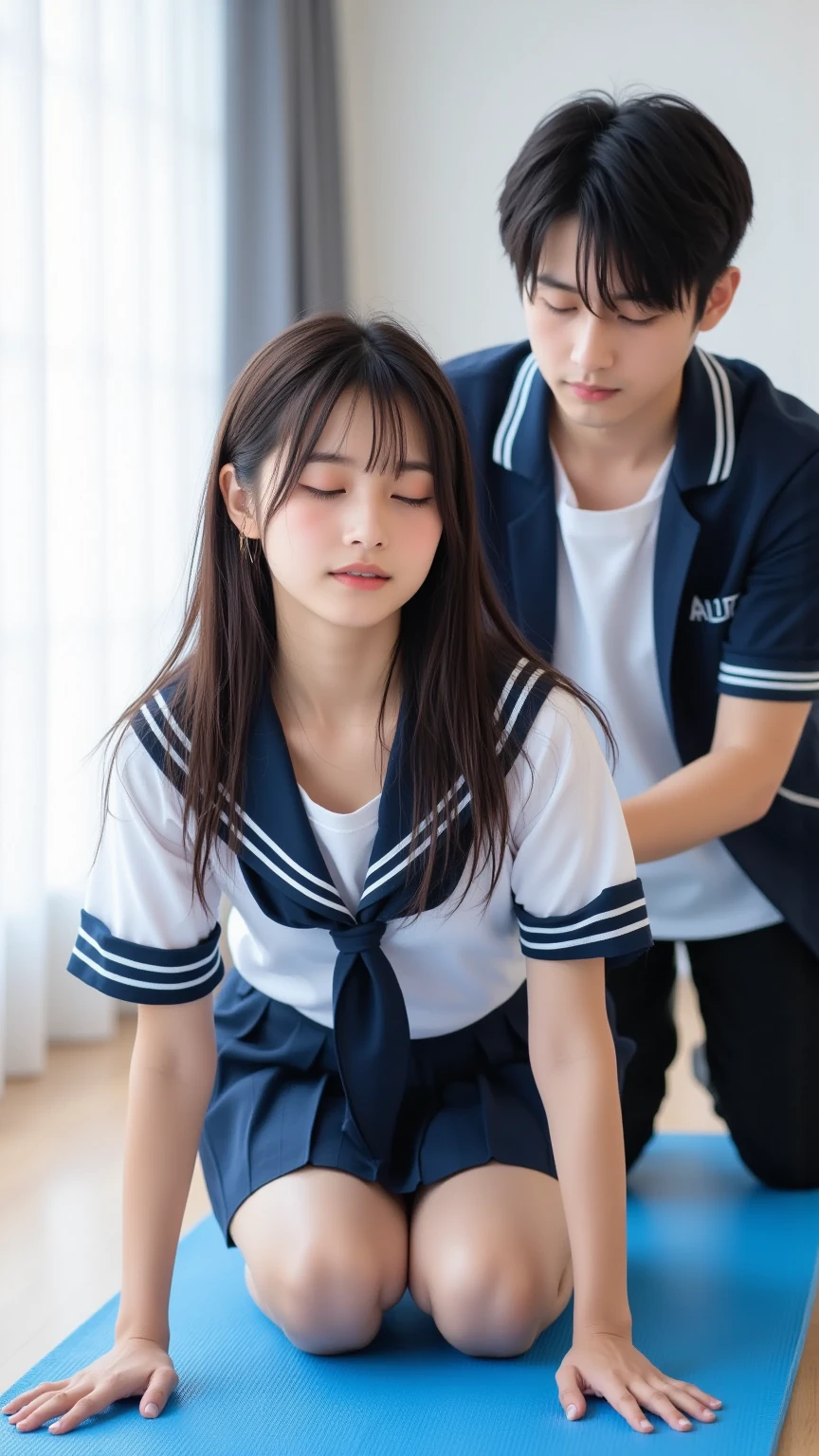 (32k, HDR, High resolution), ((Full body photo,Raw photo, Hyperrealism, masterpiece, Highest quality, ultra High resolution)), (Pin Light, Backlight,Cinematic Light),Close-up of a sexy woman,(Japanese school girl uniform,mini skirt,Sailor suit,A woman being penetrated by a man in the cowgirl position,A woman being pushed up from below in a cowgirl position,See-through,((Cowgirl handholding,vaginale,Sex)),Dynamic Pose), (Huge breasts,Very heavy,Very large, round breasts,Incredibly big ,Exposing large breasts,Deep cleavage,A glimpse,Slipping,Nipples),(Hyper Detail, finely,(Shot from the surroundings,Mr.々Shooting from a different angle),Slender Style,(Korean Idol:1.3,A detailed face:1.3),Beautiful Goddess,Archaic Smile,Ahegao,ecstasy,A provocative smile,Small, plump lips, Straight and cute nose, A little redness on the cheekbones,Long and beautiful eyelashes,Beautiful Face,Narrow waist,Perfect Style
