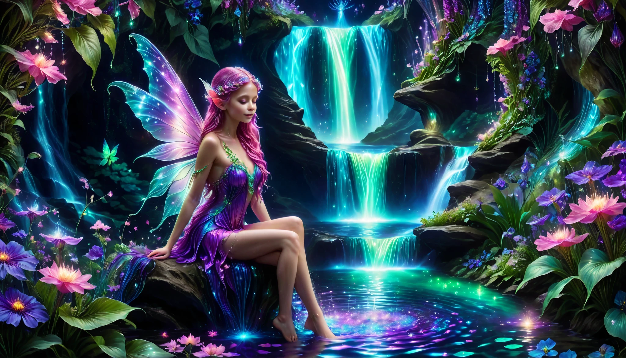 Shiny purple |Shiny pink|Shiny Turquoise Green|Shiny Cobalt Blue|Shiny Purple|blue waterfall amongst strange magic flowers, At night, glowing fairy lights , magic, High quality fairyland waterfall, Realistic Water, ripple, 8k,insanely detailed,so many flowers,(A cute fairy is bathing:1.5),