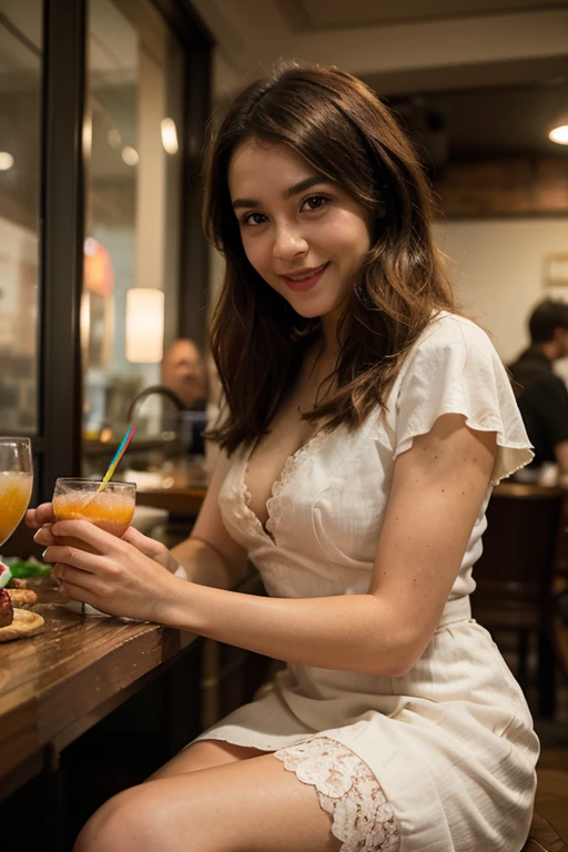 (RAW Photos), (Realistic), (masterpiece), (Highest quality), High resolution, 8K,(Volumetric Light), woman, Age 25, Short Ponytail, Straight hair, Layered Hair, Brown Hair, Very beautiful eyes, Source order, Very thin eyebrows, Very fine skin, Very beautiful mouth, Very nice nose, Cute like an idol,A smile showing white teeth, (Thick lips),(Ample breasts), (Looking at the audience), (Red and white dress),( Sitting on a chair in an outdoor cafe drinking juice),(From the whole body to the toes:1.3),(Side Shot),(Cowboy Shot),(Natural pose),(Bold Pose),,(drink juice with left hand),(Side view:1.3),(Sit upright),