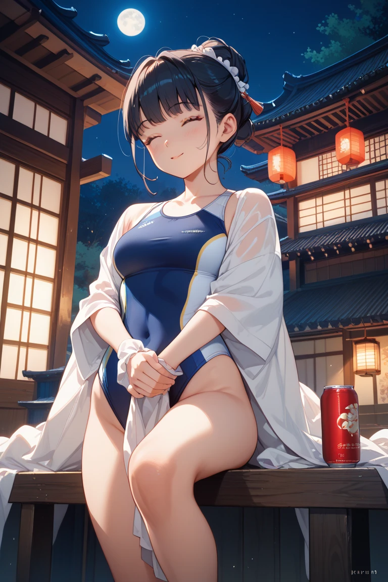 ((masterpiece,best quality)), absurdres, <lora:Melody_Pokemon:0.8>, Melody_Pokemon, blue eyes, long hair, brown hair, china dress, pelvic curtain, side slit, double bun, bun cover, cleavage cutout, sleeveless, print dress, covered navel, no panties, outdoors, night, torii, shrine, east asian architecture, leaning forward, hand on own thigh, from above, smile,