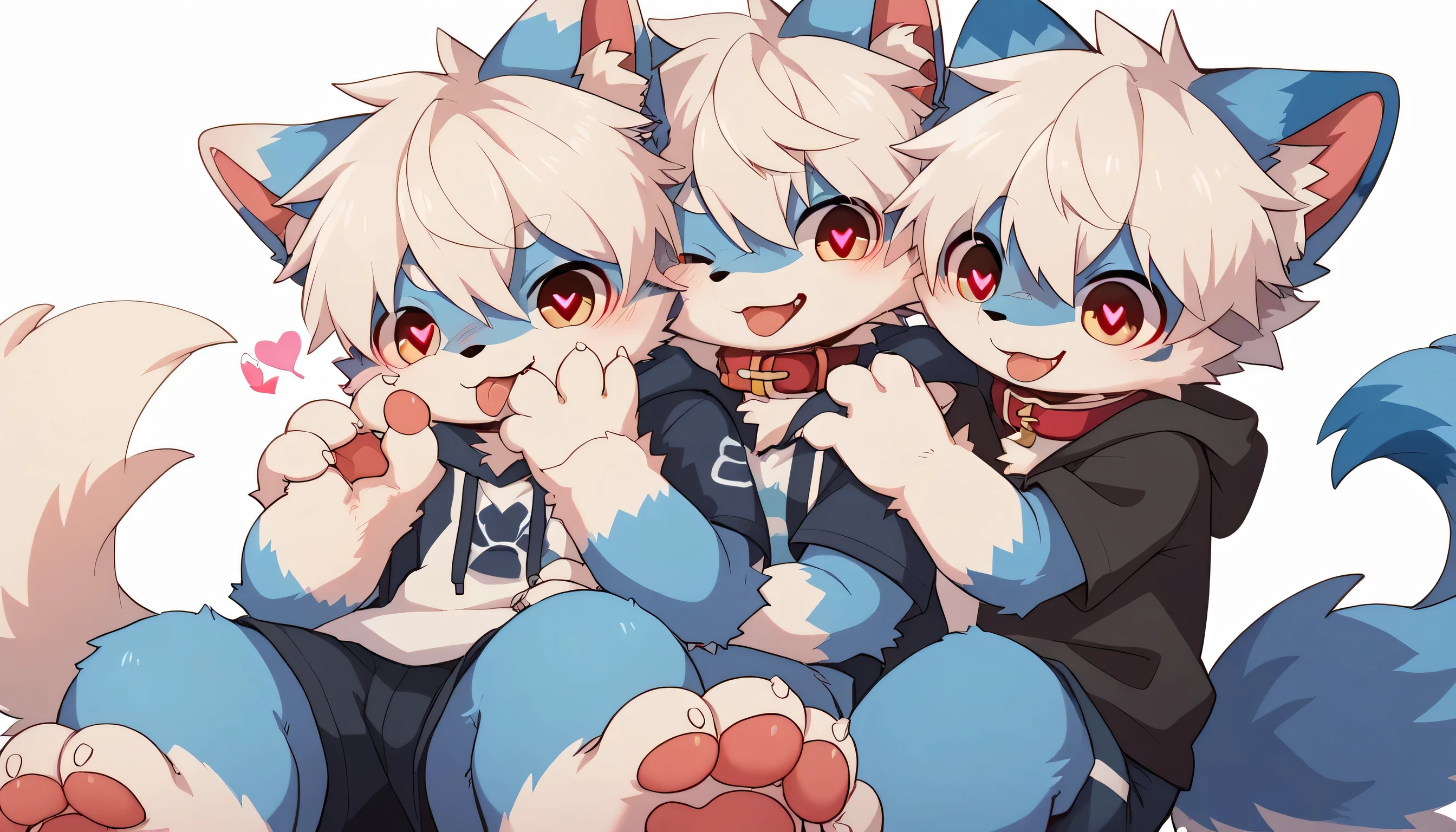 Very Detailedな,Very Detailed,White hair,濃いblue fur, male,blue fur, EXCITING,Participation,cute face,あなたの脚Show me , maleの子,dog tail,red collar on the floor,Cute ears,Licking hands, grooming,fluffy ears,short sleeve hoodie,shorts,in the evening!Standing,fluffy ears,Teen,Show me,私に猫の手Show me,red collar on the floorと紐を持っている,,(sitting furry brothers)cute fur ,Heart Eyes,Horny, male,Black Back,white background,
