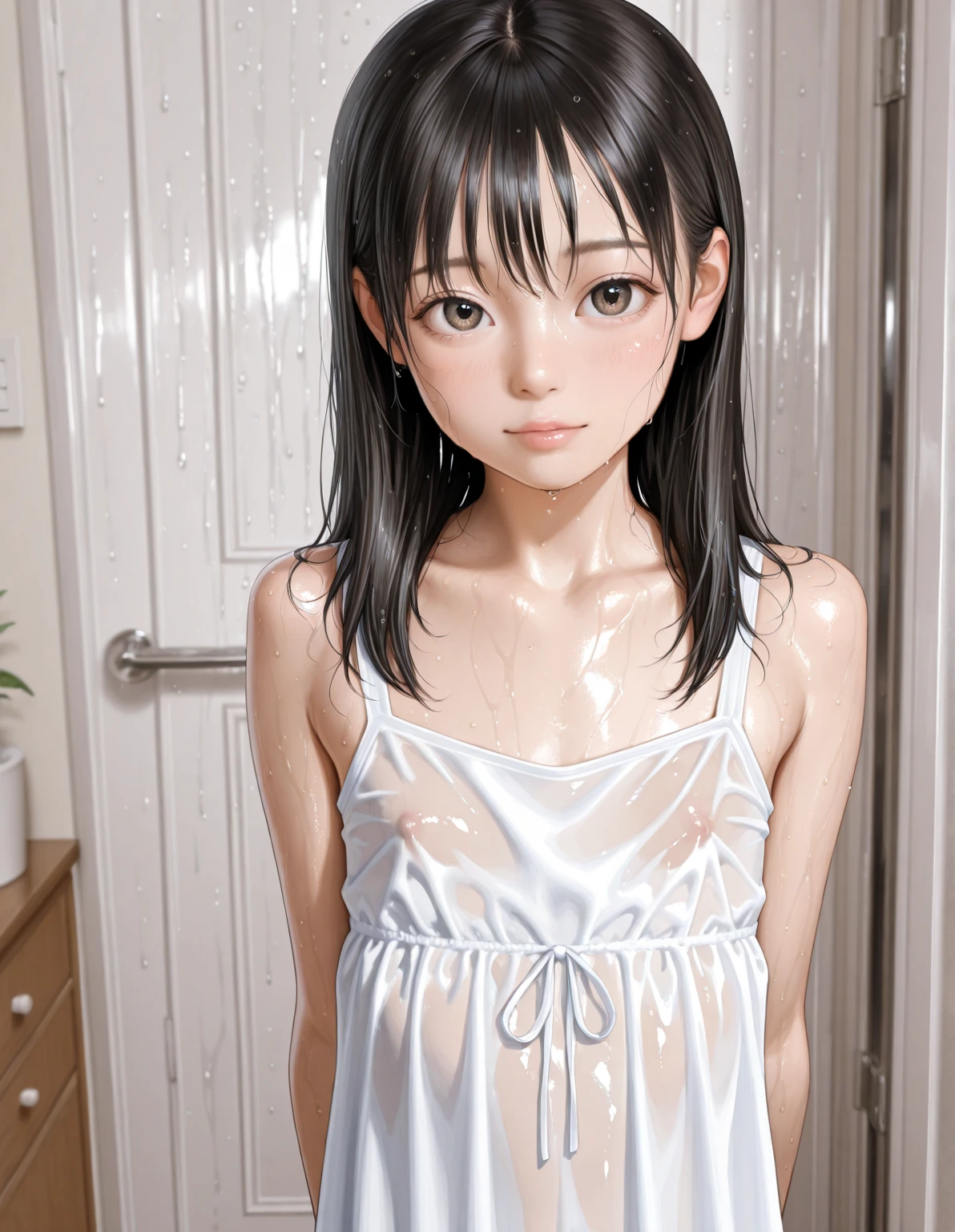 (best quality:1.2), masterpiece, Realistic, (Photo of a beautiful Japanese idol 12 years old woman:1.2), (Gaunt:1.3), (((Very flat chest:1.4))), ((Baby Face)), (Wearing Mini dress), (((Show me your sweaty armpits:1.2))), ((Upper Body:1.4)), (arms up), (focus on her armpit:1.3), ((Armpits are wet and shiny with sweat)), She has skin that sweats easily Soaking wet, (topless:1.2), ((I can see my pores:1.2)), Hold on to the railing of a train, (Inside the train:1.3), (Crowded train:1.3)