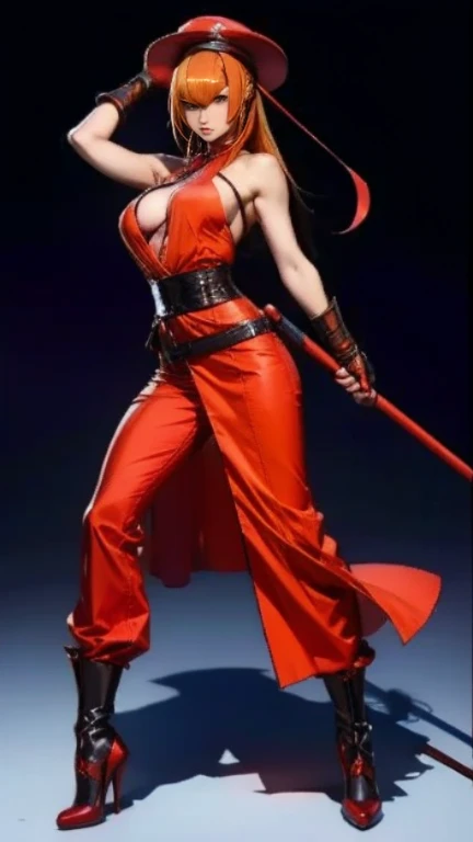 a perfect sexy girl kimono long wavy red rolled hair and wears short red kimono shows navel and tight black pants and red shoes carry a big sword filled with chopped edge