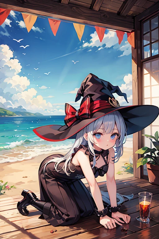 masterpiece, 1girl, Fox_ear, (1Fox_tail), White Hair, Red eyes, High resolution, Highest quality, Fox_girl, Cape,Swimsuit Bikini, Witch Hat, (Random landscape), (High resolution, Depth of written boundary), (Random Angle), Medium chest