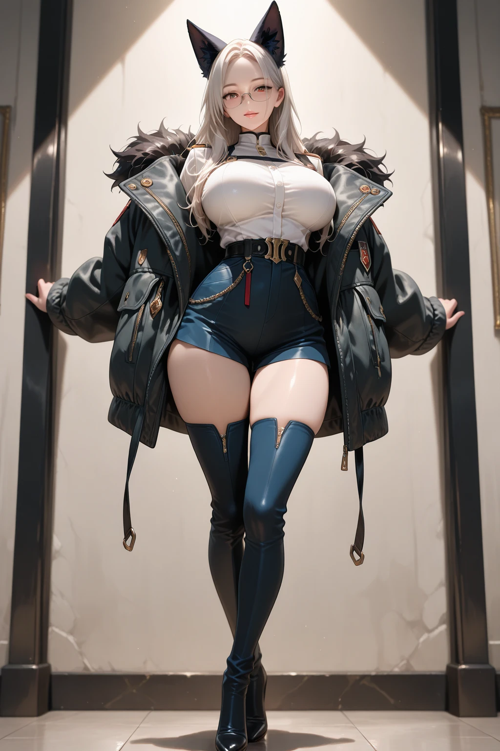 1girl,solo,medium breasts,<lora:GoodHands-beta2:1>,(full body:1.2),(thigh gap:1.2),<lora:038 Androlita_v2:1>,ruanyi038,black leotard,fake animal ears,black gloves,long sleeves,blue hair,<lora:hime_style-1.0r8:0.7>, hime style,straight hair,(hime cut:1.3),((blunted bangs,draped hair,cascading hair,flowing hair)),, (masterpiece, best quality, hires, high resolution:1.2), (extremely detailed, realistic, intricate details, highres), 3d, cg,  bbw, shiny skin, , blush,, eyeliner, eyeshadow, eyelashes,, (gigantic breasts, saggy breasts:1.1), (cinematic lighting, sunlight, volumetric), looking at viewer, simple red background, vintage fantasy, 1960s \(style\), film grain,