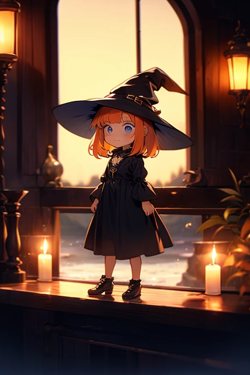 Cute girl, bright orange and dark black, thigh-high socks, gothic style, small bust, witch's clothes, simple background, front view, cowboy shot, standing, {{blushing}}, expressionless, {{loli}}, orange hair,