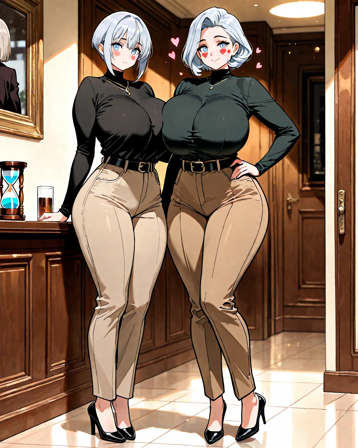 Vault-girl, vault 111 jumpsuit, 1girl, bursting breasts, breast expansion, massive heavy breasts, crossed arms, vibrant blue eyes, blushing, long blonde hair, massive hips expansion, massive ass expansion, rapid weight gain, shes stress eating, she’s worried about how large her breasts are getting and how sensitive they are, strained jumpsuit, wide fat hips, thick thighs, fat ass, big fat belly,