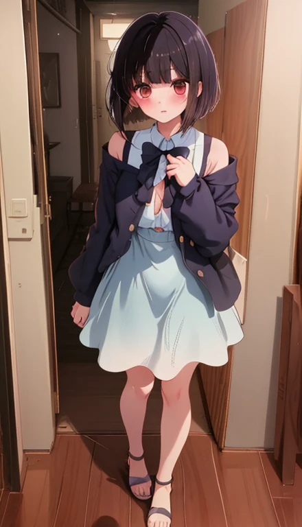 8k,masterpiece, best quality, 1 Girl,bedroom,big eyes,Loli,Slender figure,short and small,Red eyes, Light blue double ponytail, Wear a white shirt,Show your belly button,Wearing a black pleated skirt,Off-shoulder,Shy, blush,Pantyhose,Standing,Black sneakers,