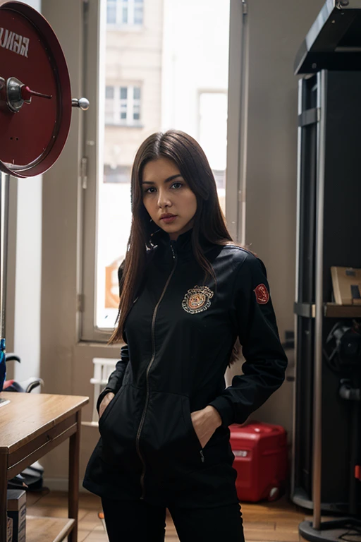 Photo of a fearless female <lora:sultana2023:1> sultanax woman firefighter in her full firefighting gear, standing confidently in a dark and treacherous cave, wearing a sturdy firefighter suit, rugged rock formations. open suit, cleavage, sweaty, wet clothes, sexy, smoke