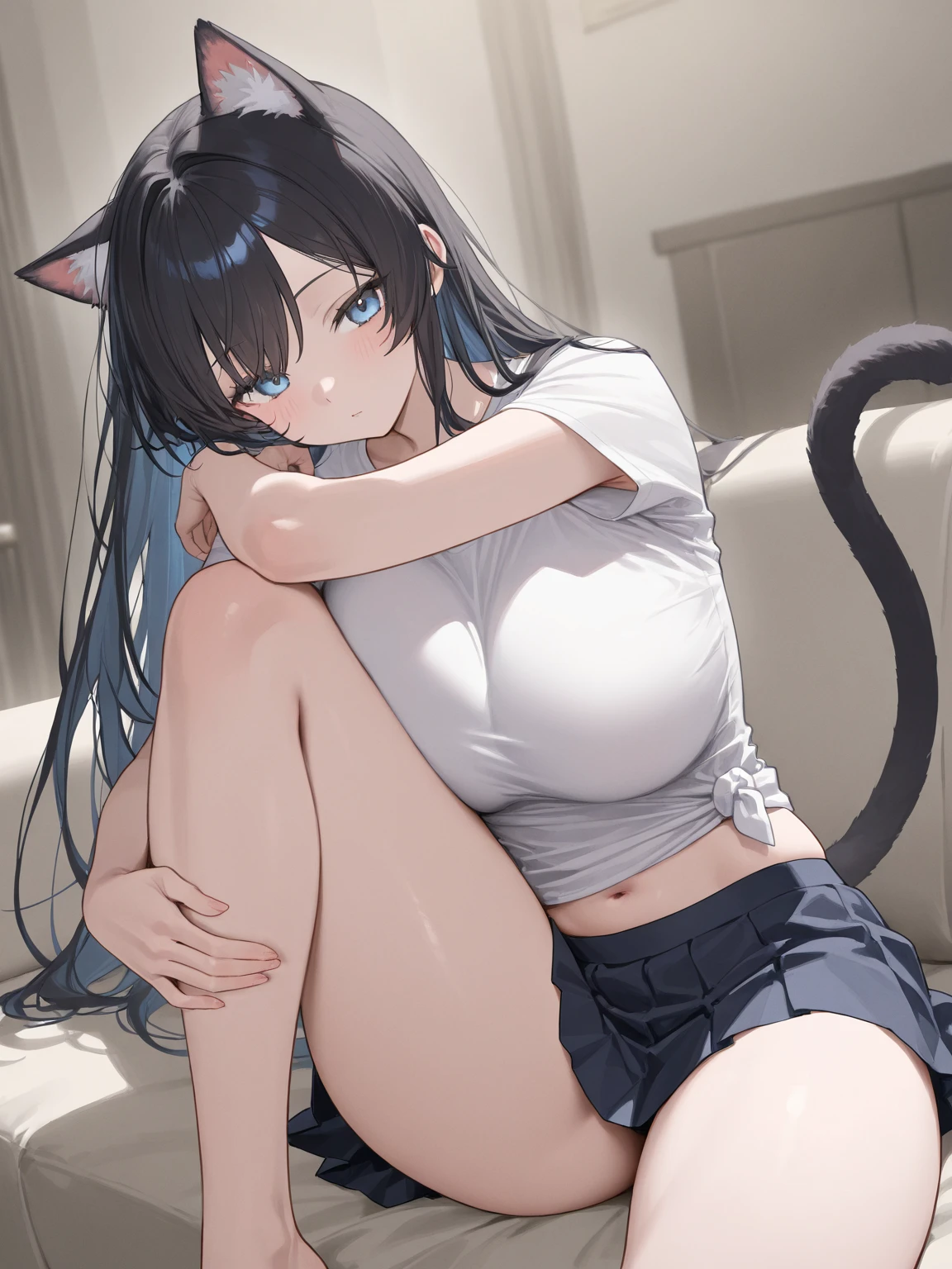 ((Highest quality)), ((masterpiece)), ((detailed)), (4K), an anime picture of a very nude woman squatting down in her 比基尼, 1girl, breasts, paw pose, thighhighs, squatting, (open legs), 比基尼, heart-shaped pupils, symbol-shaped pupils, animal ears, collar, heart, 独奏, blush, black 比基尼, white thighhighs, pet play, sweat, cleavage, mole, cat ears, yellow eyes, large breasts, indigoblue hair