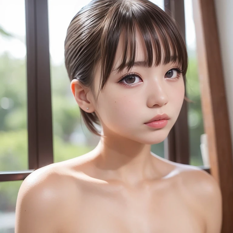 1girl,16 years old,Famous idol,1cute girl,very young face,masterpiece,high quality,small face,(very small tits:1.8）(Best quality, 8k, 32k, Masterpiece, UHD):1.2, Masterpiece, best quality, highres, RAW photo, extremely detailed CG, 16K, professional lighting, physically-based rendering, (nude:1.5), 16yo, Japanese woman, solo, bishoujo, (pretty face:1.5), slit eye, beautiful eye, round face, small face, extremely detailed eyes and face, eyes with beautiful details, thin body, tall body, medium hair, wavy hair, bangs, in room, (anatomical:1.4),(Beauty of form:1.4) Golden ratio,