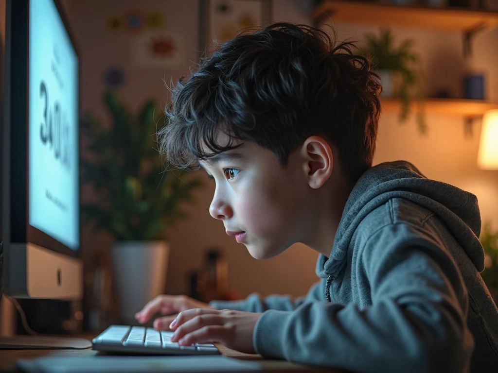boy facing a computer listening to music