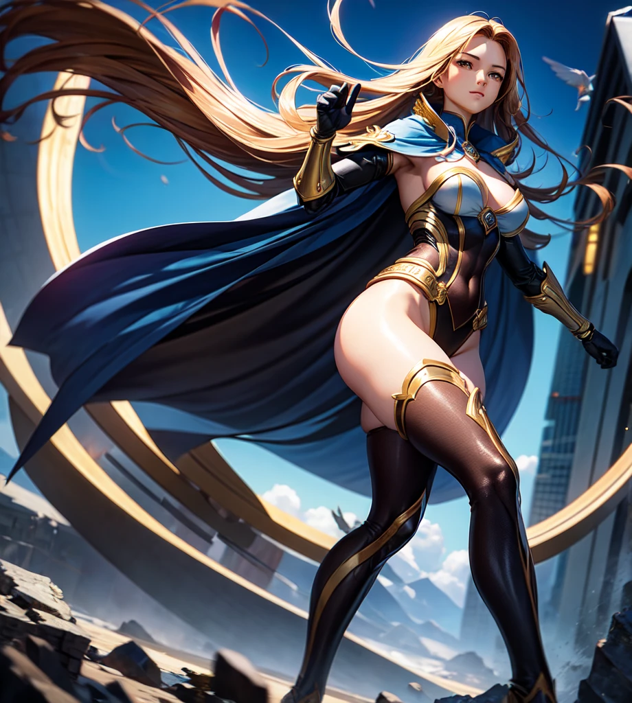 Woman 30 years sexy blond hair blue eyes, full body, changing musical instrument, highly detailed, ultra realistic, with golden robes, ultra realistic texture, full body, background, Milky Way.