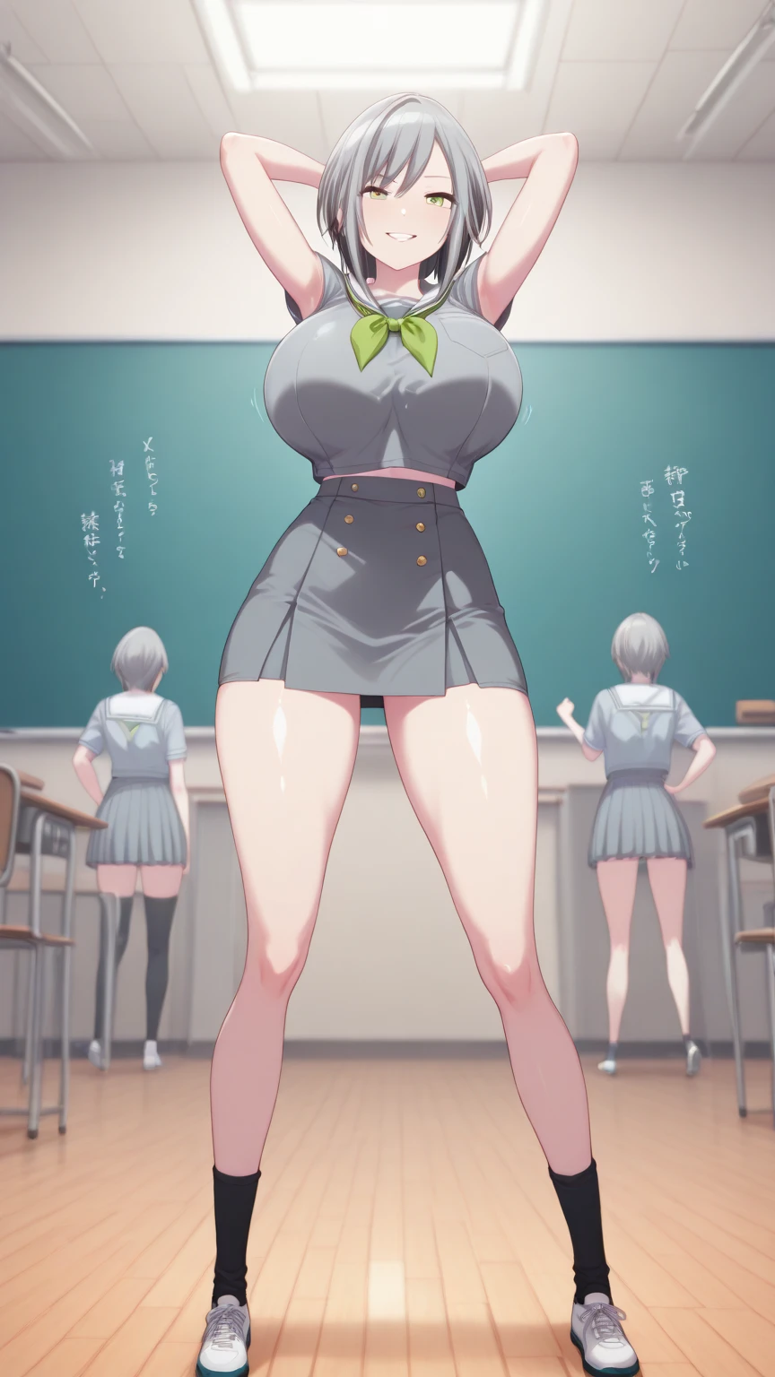 izayoi sakuya, Marin Kitagawa,from below,2girls, masterpiece, best quality, highres, JK,huge tit,full body,breasts,looking at viewer,smile,pleated skirt,shirt tucked in,skirt,tented shirt,bowtie,in school