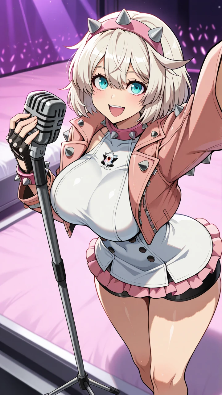 source_anime, 1girl, duo, huge penis, huge ass, vaginal, huge balls, Loona, side ponytail, plaid beret, blue star choker, star earrings, blue ascot, grey plaid jacket, grey plaid skirt, layered skirt, partially fingerless gloves, star bracelet, uneven legwear, thigh strap, standing, singing, open mouth, blush, sweat, heavy breathing, drooling, huge breasts