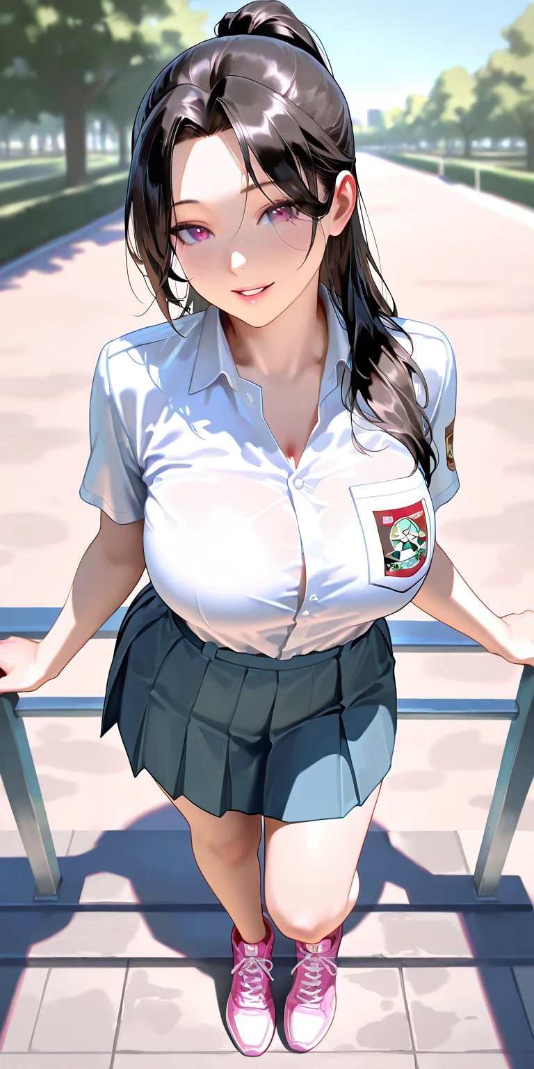 best quality, masterpiece, highres, solo, {ushio_kantaicollection:1.15}, long_hair, black_hair, ahoge, brown_eyes, blush, breasts, serafuku, large_breasts, 1girl, looking_at_viewer, school_uniform, upper_body