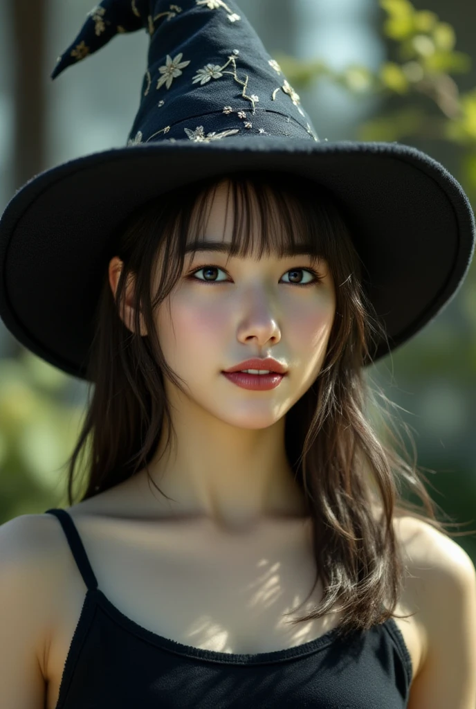 (A hyper-realistic), (hight resolution), (8K), (ighly detailed), (beatiful detailed eyes), (top-quality), (ultra-detailliert), (masterpiece), (A detailed face), softfocus、face of emma watson、Colossal tits、japanes、Halloween Witch Costume