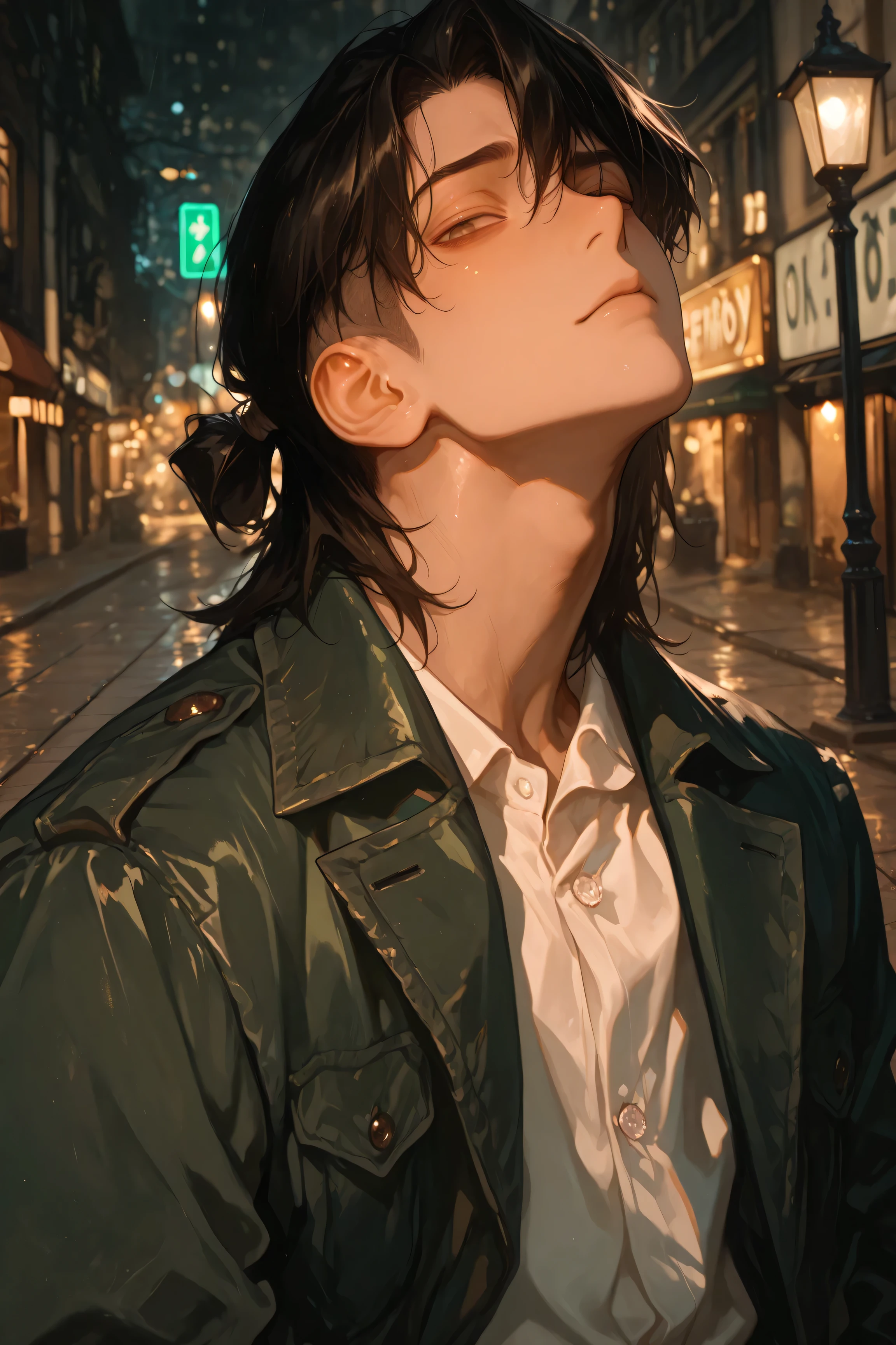 face, portrait, face focus, wide shot, raised eyebrow, looking at viewer, closed mouth, standing, 1boy, (femboy), relaxed posture, solo, pale, ((hazel eyes)), black hair, medium hair, ((tied back hair)), undercut, ((navy green jacket)), white button shirt, untucked shirt, black pants, casual fashion, (((detailed eyes,))) masterpiece, best quality, cinematic lighting, highly detailed, details, ultra quality, HDR, 8k, lazypos, amazing composition, dim lighting, sidewalk backround, urban town, street lamp, cozy background