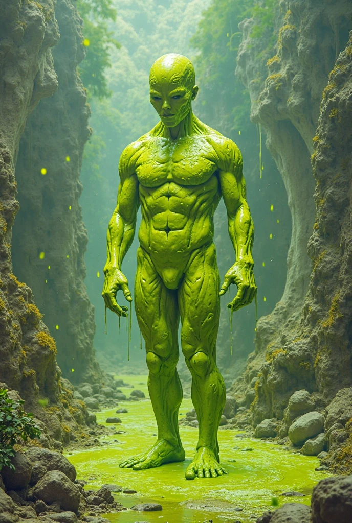 A closeup of a green male alien standing in a destroyed area, (((Front view))), (((alien head))), (((olhos negros grandes))), (((looking-into-camera))), Mike Deodato Jr, inspirado em Mike Deodato, john romita senior, david finch, Corpo verde, pele verde, pele verde!, Excessivo, homem verde, swamp monster, Frank Cho, pele de cor verde, olhos grandes negros, estilo quadrinhos, vetor, arte linear, contorno preto