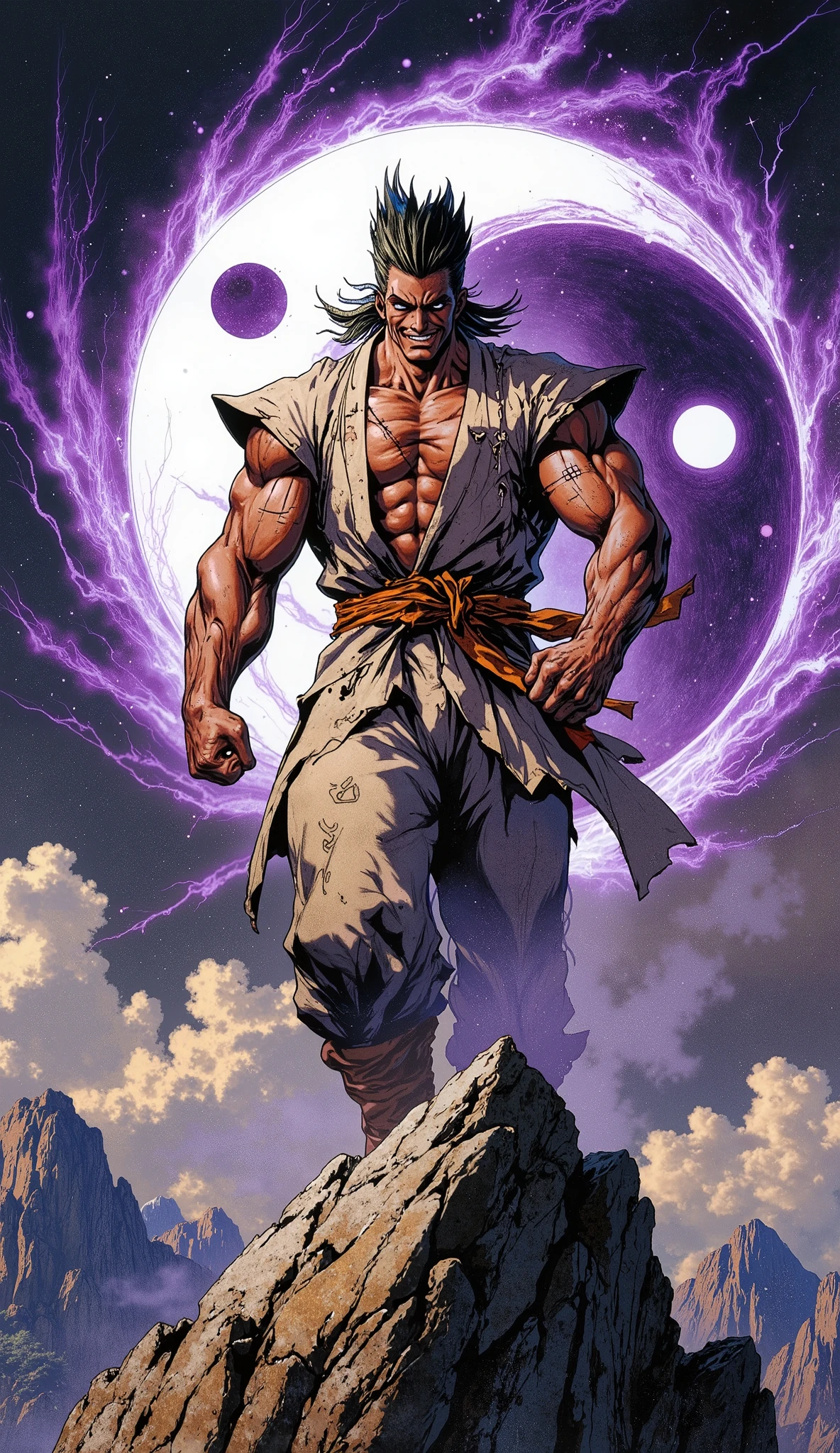 (masterpiece, best quality, highres, professional character illustration), dynamic composition. A tall, powerfully built young martial artist, exuding an aura of arrogant untamed power. He has handsome and mighty face, confident eyes, a wild arrogant smile, and a long scar running down from his eye, thick spiky upright hair in black and gold. He wears a tattered, short-sleeved open martial arts robe in a fantasy-realism style, revealing his muscular physique, paired with a coarse cloth belt and matching trousers. He stands proudly on a mountain cliff. Emanating a powerful deep purple energy aura. The background is a dramatic sky where black and white clouds form a giant Yin-Yang symbol. (exquisite and mature character art, fantasy realism, cinematic lighting, Perfect anatomy, perfect hands with five fingers).