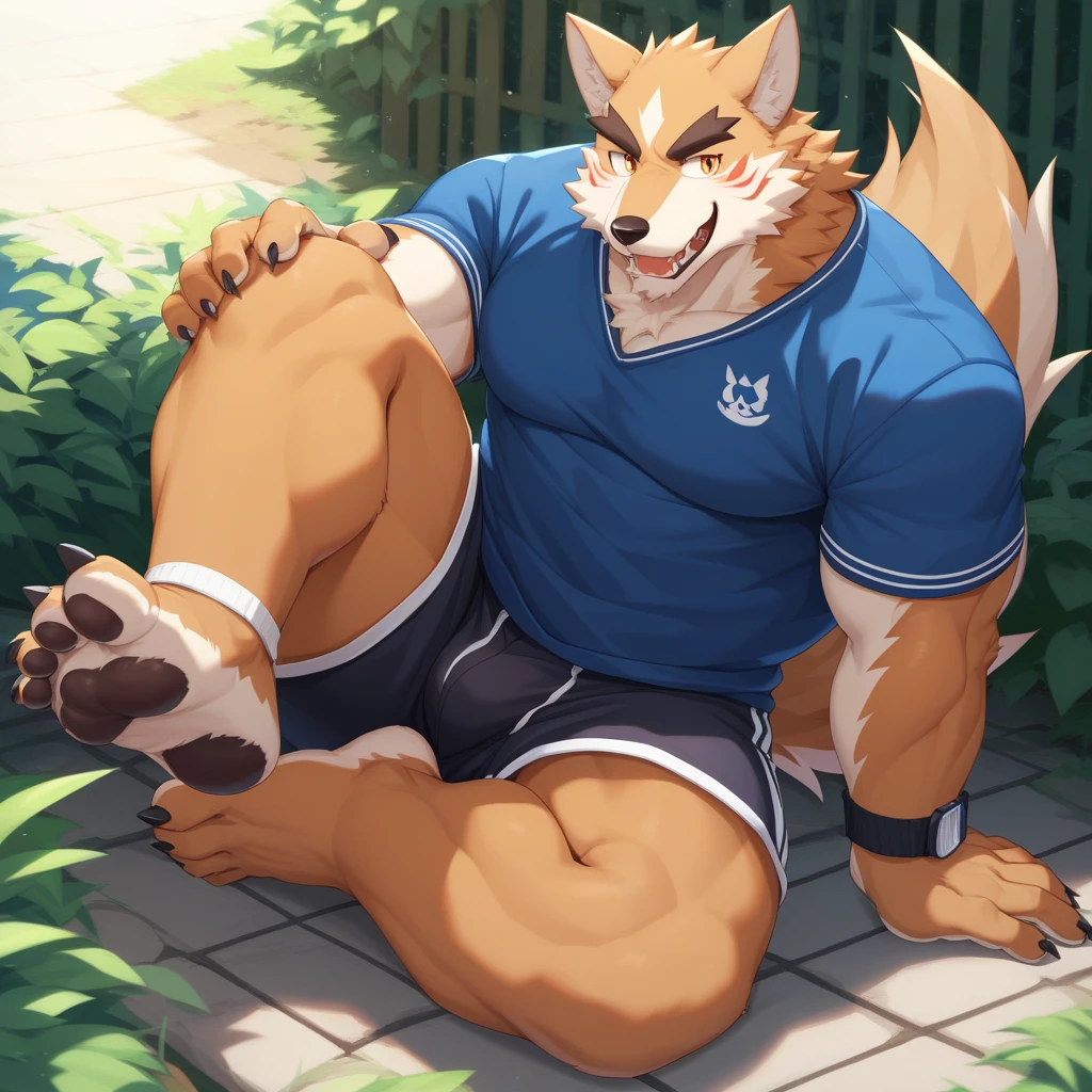 by tsukune minaga, by dagasi, (Top quality, highly detailed, ultra HD, 16K:1.5), Otter、Groin、Man muscle、Touching the crotch、Squat、Wet body、Young body、childish panties、garden、Sandbox