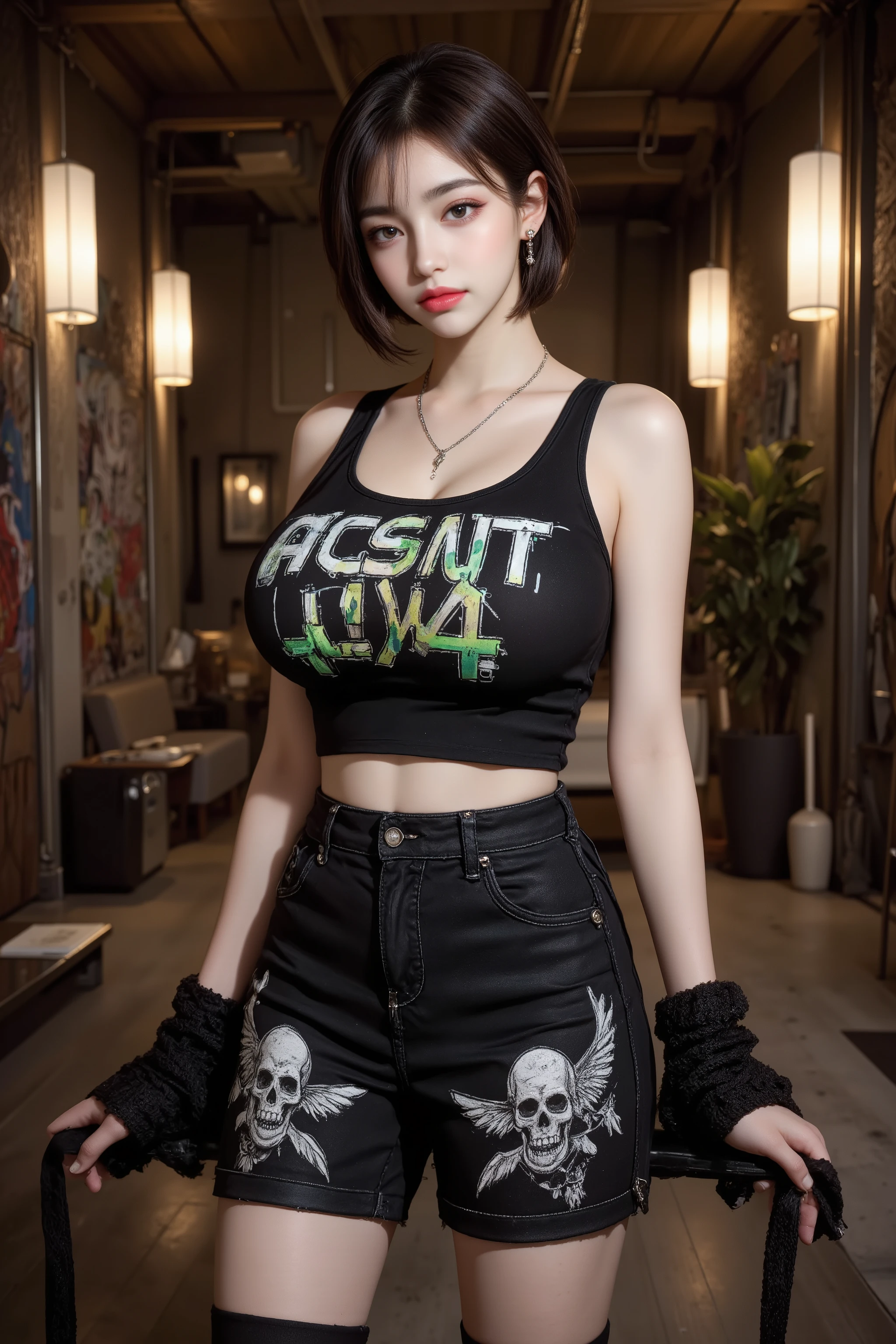 A high-resolution professional portrait photograph of an ul224ng style 23-year-old woman, with short pixie cut hairstyle, poses in front of a graffiti mural in Berlin, wearing edgy streetwear; urban art and industrial setting create a dynamic contrast—Sony Alpha 6000, 35mm f/1.8 lens, street style photography, bold composition, vibrant colors.