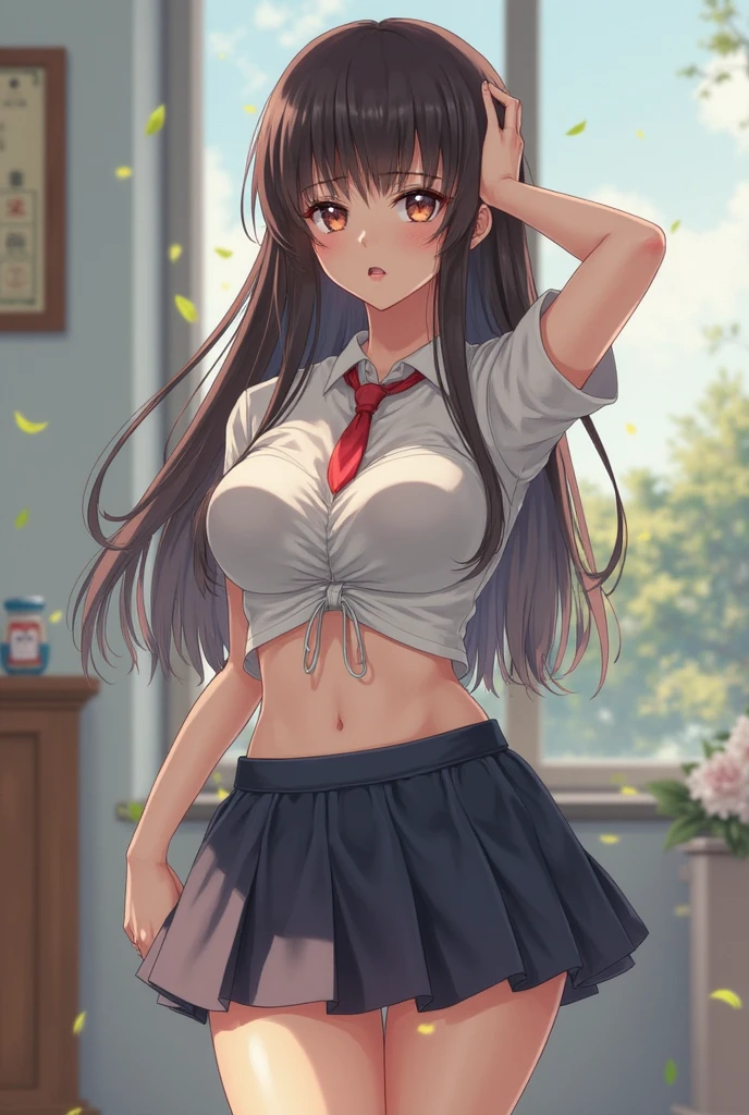 Create an image of a girl dressed as a schoolgirl with a skirt and big tits who appears to be 17 years old, showing her tits completely and masturbating showing her entire body