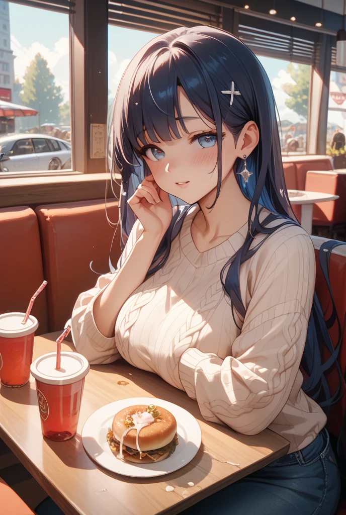 score_9, score_8_up, score_7_up, CONCEPT_PovDating_ownwaifu, 1girl, food, plate, looking at viewer, drinking glass, cup, phone, table, indoors, sitting, restaurant, wine glass, smartphone, chair, blurry, meat, pov across table, pov dating