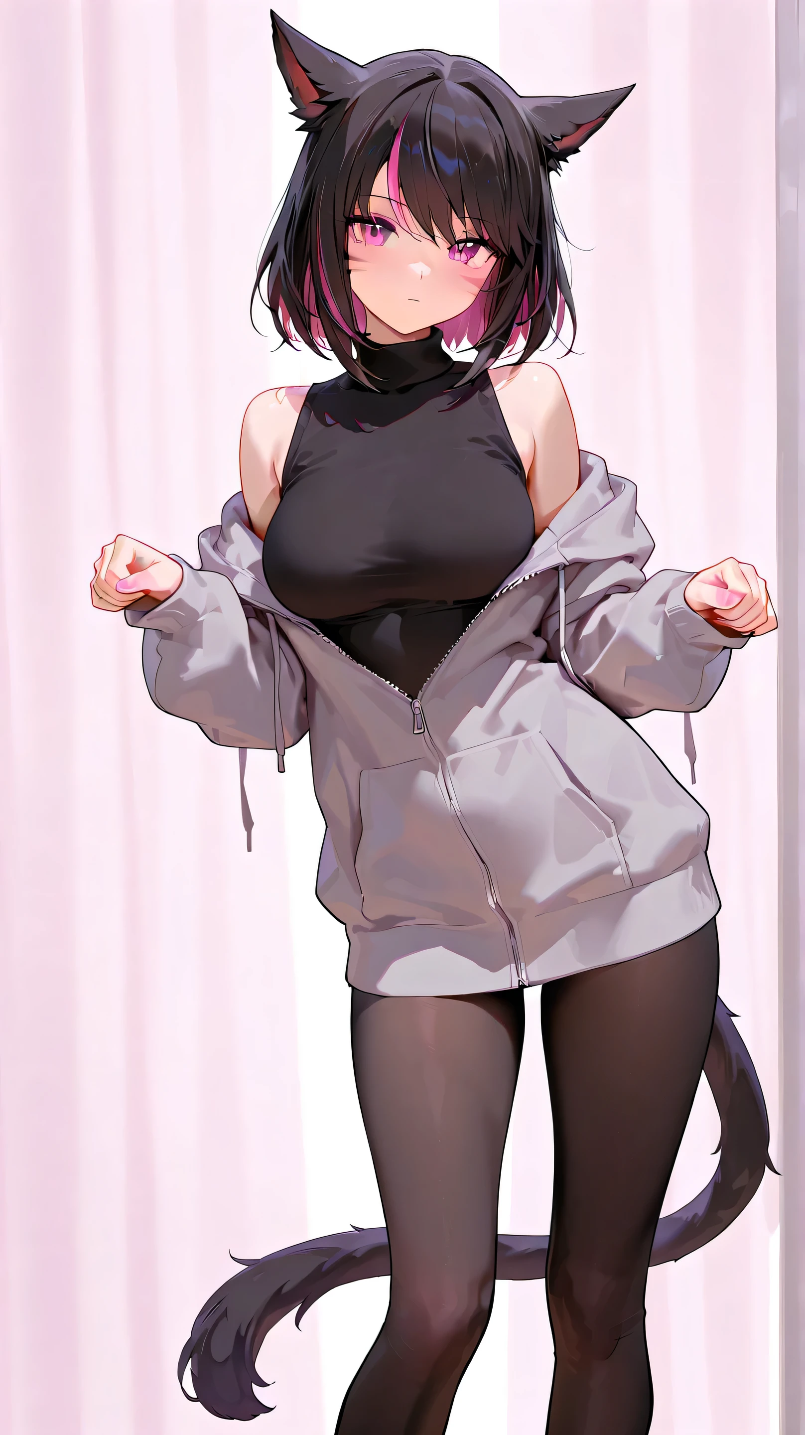 Anime, anime girl, aqua blue hair, purple hair tips, short hair, bangs, green eyes, blushing eyes, half mask, covered mouth, black One Piece, leotard, tights, breasts, big breasts, huge breasts, black panties, beautiful eyes, masterpiece, 4k, high quality, high resolution, hands behind back, long legs, thick thighs, jacket falling off, shoulder, collarbone, cleavage, large breasts, sky background, sky scene, skyline 
