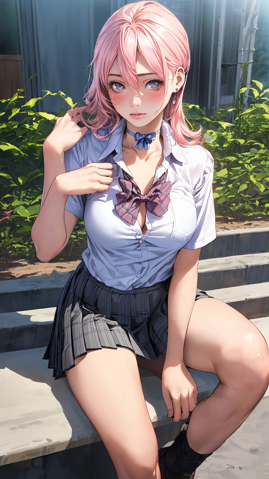 (masterpiece:1.3, top-quality, ultra high res, ultra detailed), (cleavage:1.4),(realistic, photorealistic:1.4), beautiful illustration, perfect lighting, natural lighting, colorful, depth of fields, surrealism,   (embarrassed,blush:1.3),
beautiful detailed hair, beautiful detailed face, beautiful detailed eyes, beautiful clavicle, beautiful body, beautiful chest, beautiful thigh, beautiful legs, beautiful fingers, shiny skin, 
looking at viewer, 1 girl, japanese, high school girl, (perfect ???????, anatomically correct, super detailed skin), cute and symmetrical face, babyface, perfect face, perfect eyes, 
(middle hair, two side up, pink hair), crossed bangs, purple eyes, drooping eyes, big eyes, long eyelashes, (large breasts, seductive thighs, skindentation), slender, outstanding style, 
((detailed cloth texture, white collared shirt, blue pleated skirt, dark red neck ribbon), black thigh-highs, loafer), 
(beautiful scenery), late afternoon,hands on chest, (lovely smile, upper eyes, open mouth small),