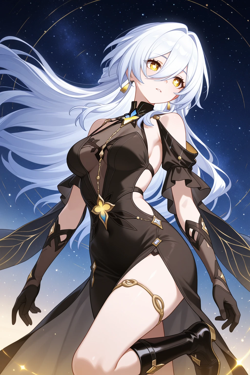 1 girl、Silver short hair、((See-through material、Wizard Robe、Long gloves))、Green and yellow decoration、Chest a little big、Wind Blade、Expose