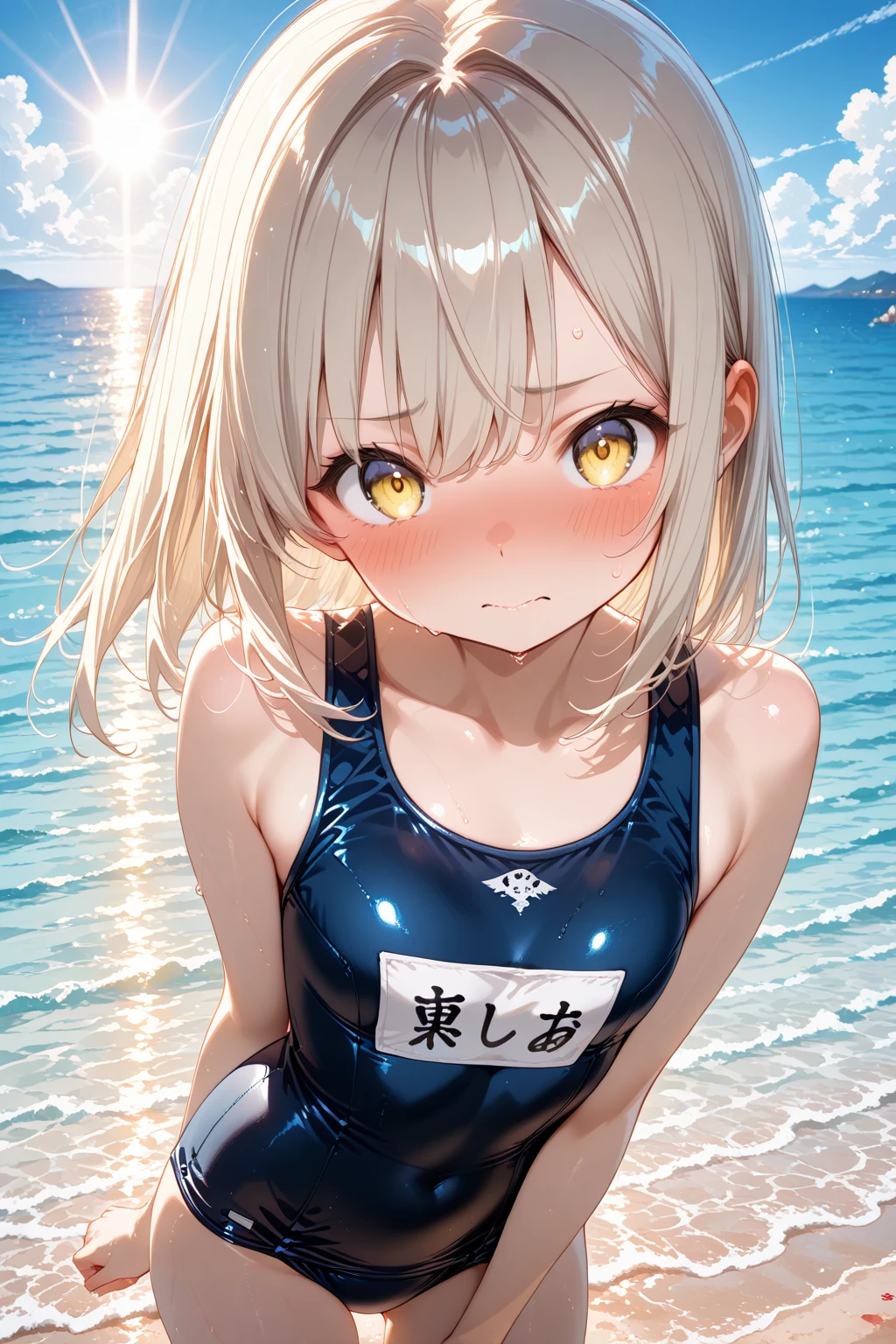 (NSFW:1.1), masterpiece, Highest quality, Ultra-high resolution, Highest Resolution, Very detailed, cowboy shot, very cute, Complete limbs, Shining Eyes, Full Finger, Slender beauty, Blonde Bun Hair, Embarrassed look, Writhing expression, school swimsuit, Glowing Skin, beach, Bubble, Wind