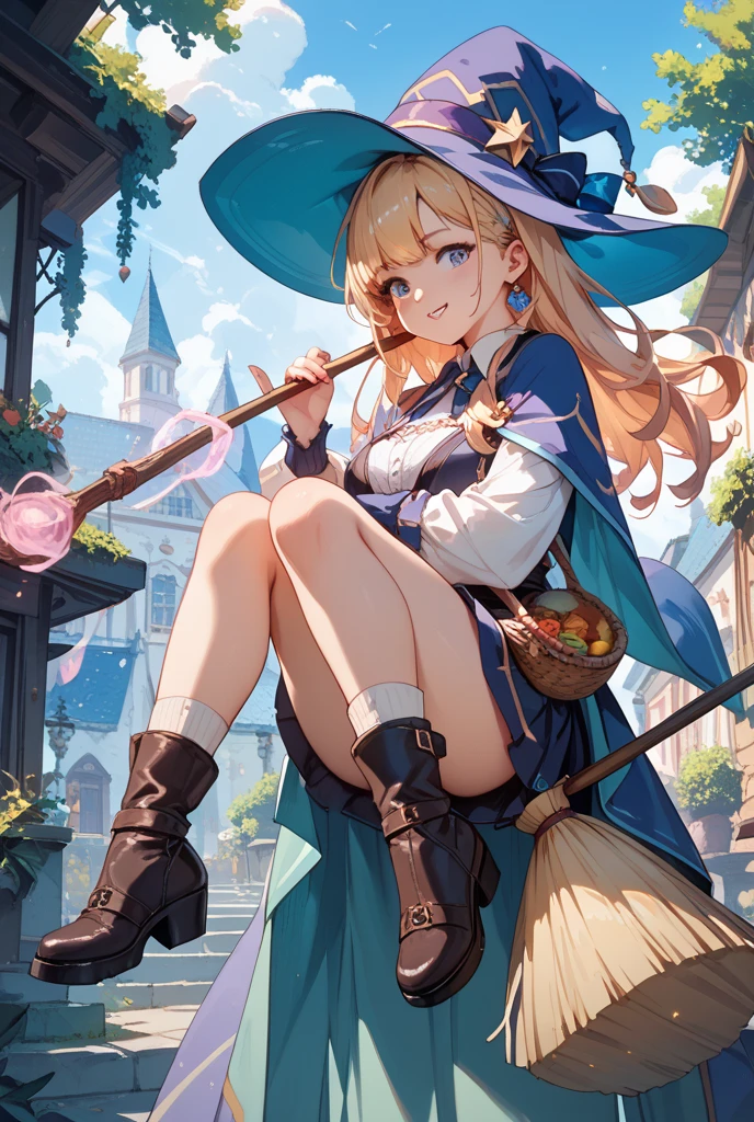 (Masterpiece, Best Quality:1.3), highres, 8k, highly detailed, 2d, illustration, <lora:Sugar_Rune-20:0.85>, 1990s \(style\), sugar_rune, (full body:1.2), looking at viewer, 1girl, solo, (detailed face, detailed eyes), ;d, fangs, victory pose, orange hair, long hair, (green eyes:1.1), (sitting, riding broom, flying:1.2), gloves, (striped thighhighs:1.2), pink cape, pink short dress, witch hat, buckle, belt, pendant, heart, boots, depth of field, sky, bloom:0.3, scenery