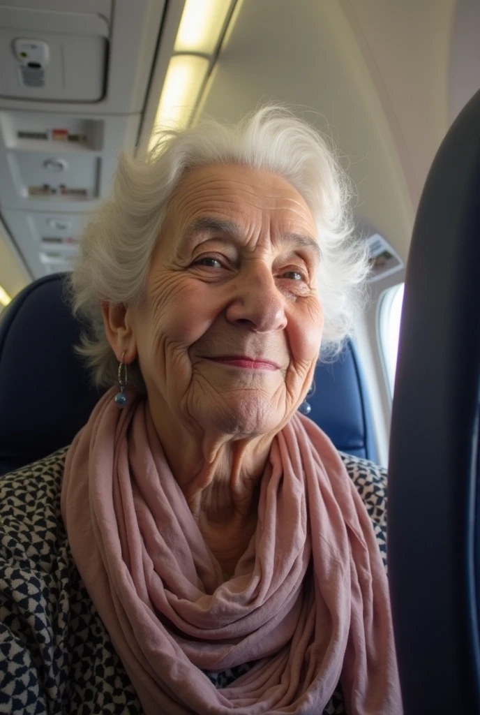 . An elderly woman appears smiling inside an Air Cairo plane, showing signs of happiness and anticipation. The woman says in a clear and cheerful voice: “I am on the plane and traveling to Hurghada. After you, six Umm Youssef!'. , it seems from her speech that she wishes her friend or relative Umm Youssef to have a similar flight.. The atmosphere inside the plane seems comfortable. The words reflect the simplicity, spontaneity and joy of traveling."
