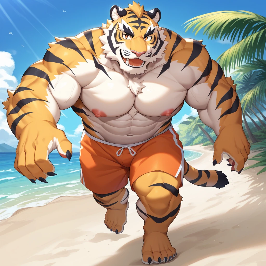 kaido, eastern dragon king, male dragon, eastern dragon, very big muscles, hulking, extremely strong, big abdominal muscles, hefty musclegut, pecs, muscular dad body, Strong and robust musclegut , strong abs, sharp claws, dragon feet claw, full body, loincloth, one piece, HDR, nipples, sunlight, daylight, outdoor, bright , sunshine, at noon, fighting pose, good weather, on sea beach, 8k, best quality .
