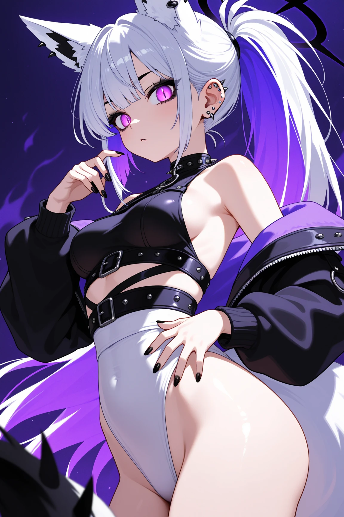 Grown-up girl, short white hair, Heteroromy, blue and purple eyes, cat ears, smirk, tight blue top, Shorts, tattoo, open belly, open breasts, Masterpiece, hiquality, 4k, HD, Good detail