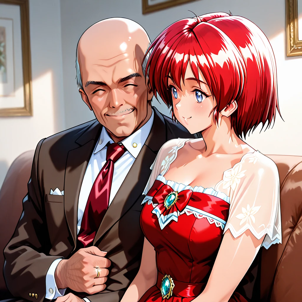 Family, on sofa, happy faces, naked body, red hair, daughter sitting on father big dick, 