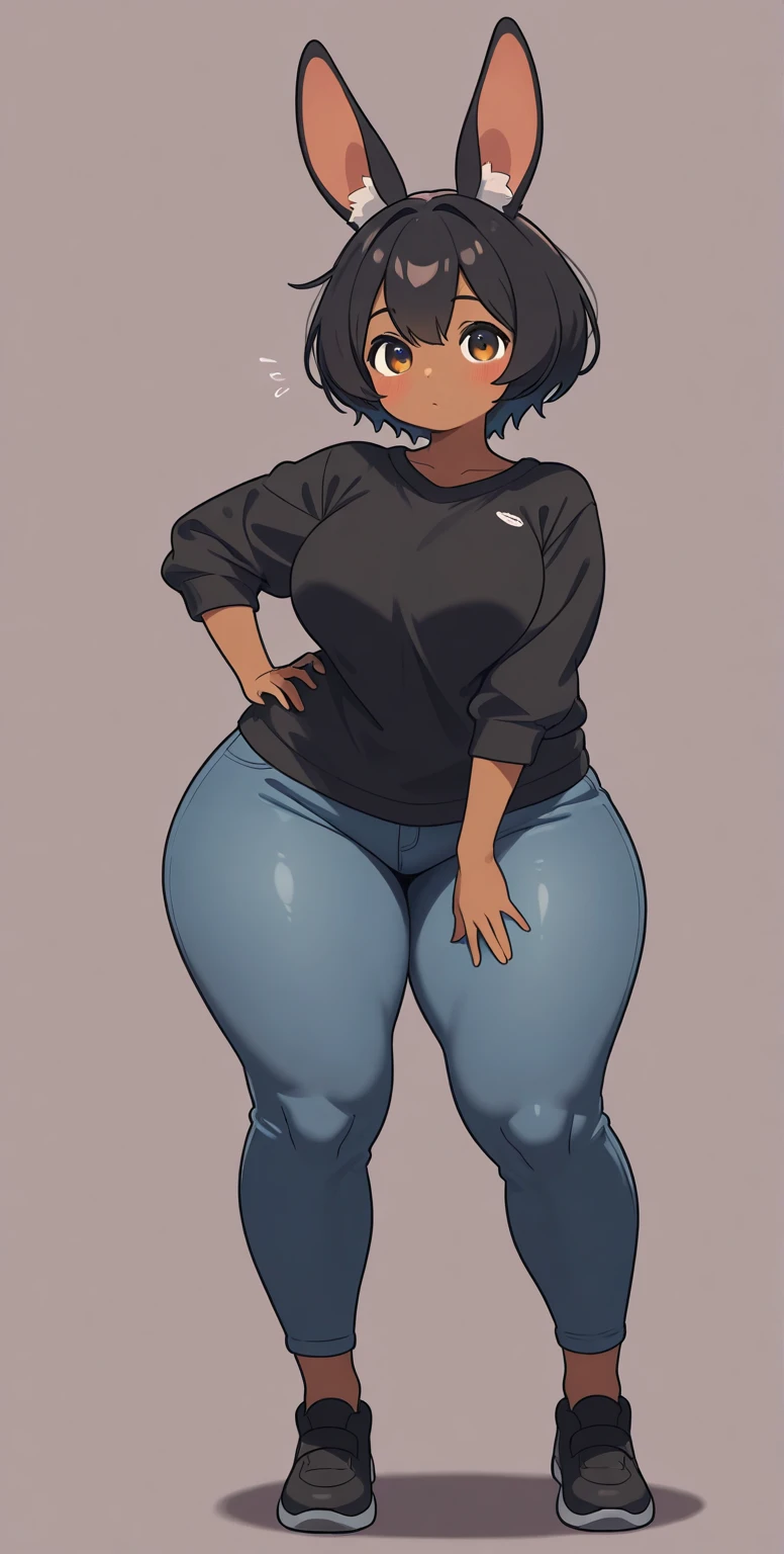 1girl, solo, short black hair, hair bangs, short twin tails, sharp outline, tight black grey shirt, black panties, large breasts, thick thighs, large thighs, wide hips, massive thighs, thick legs, barefoot, full body shown, best quality, masterpiece, white background, young face, short height, white nail polish, long fingernails, standing up