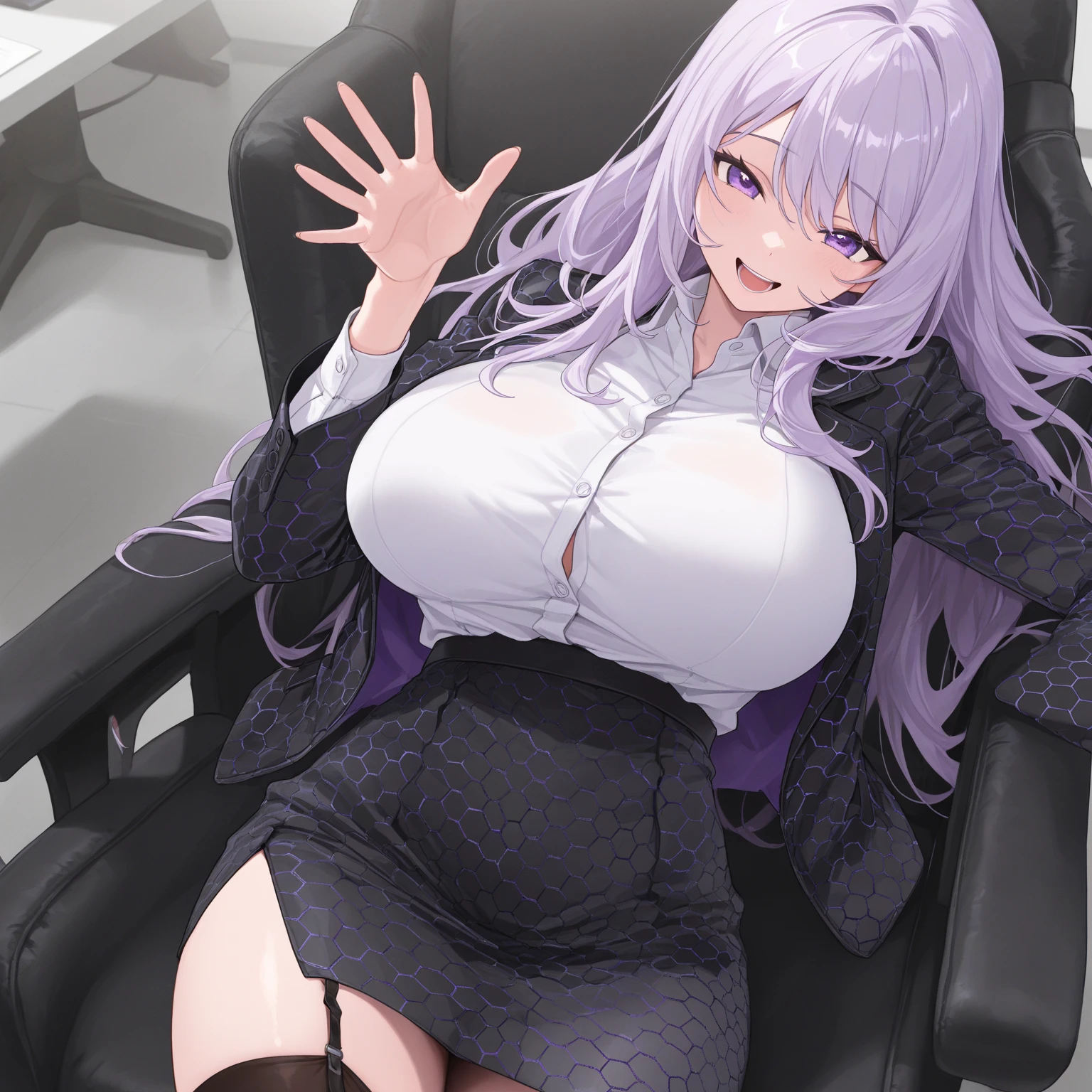 masterpiece, best quality, SimplePositiveXLv2, yuuki asuna, 1girl, solo, long hair, breasts, large breast, curvy, blonde hair, cleavage, 1girl, long_hair, solo, skirt, looking_at_viewer, long_skirt, open_mouth, purple_hair, smile, chair, black_skirt, grey_eyes, shirt, white_shirt, long_sleeves, reaching_towards_viewer, indoors, sitting, outstretched_arms