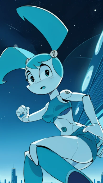 High quality portrait of Jenny Wakeman fighting aliens in a futuristic city. HORA DO DIA. Cara de bravo. robot body, robot joints. Parafuso preto no umbigo, sem roupas