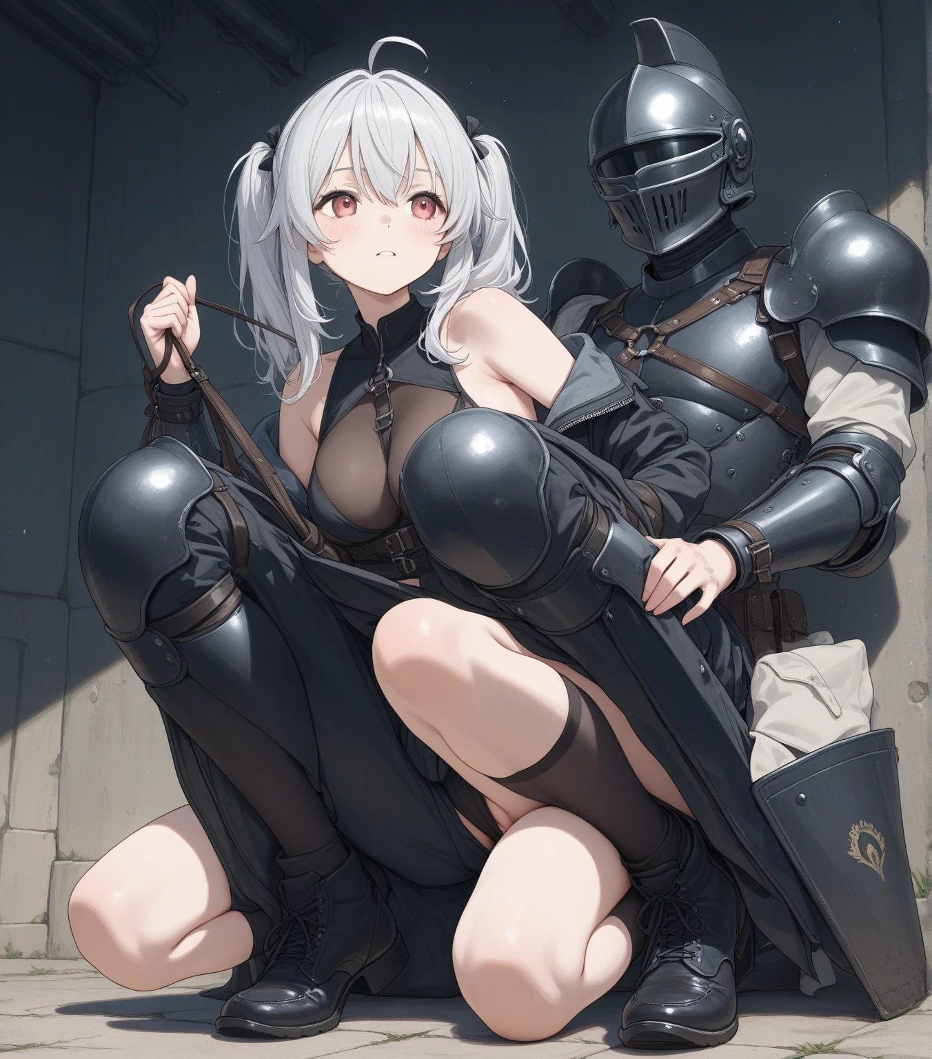 A female knight,metal armor , wounded, scared face, badly torn-damaged clothes, almost naked, equipment around her, full body, defeated, bare chest , tears, cum, , laying, full body, cum dripping from vagina, in tent, surrounded by goblins, double hand job