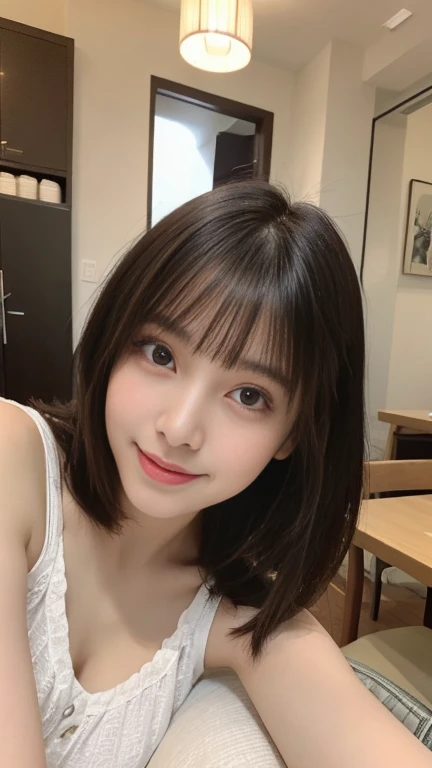 super highest quality, Face Focus, Soft Light, Ultra-high resolution, (Realistic:1.4), RAW Photos,
One Japanese woman, alone, cute, (pupil, There&#39;There&#39;There&#39;There&#39;The light in my eyes),  (Beautiful face in every detail:1.3)  ((High resolution detail of human skin texture:1.3) Beautiful glowing white skin　　(Beautiful three-dimensional effect)　
indoor,Black and red two-tone underwear (Beautiful straight bob hair all the way to the ends:1.3)  Elegant and clean　　Intelligent and stylish
(Portraiture)  Focus on pupil in high definition　Diffused light from a window　Beautiful gradation　A kind smile　(Beautiful gradation:1.3)  A kind smile　