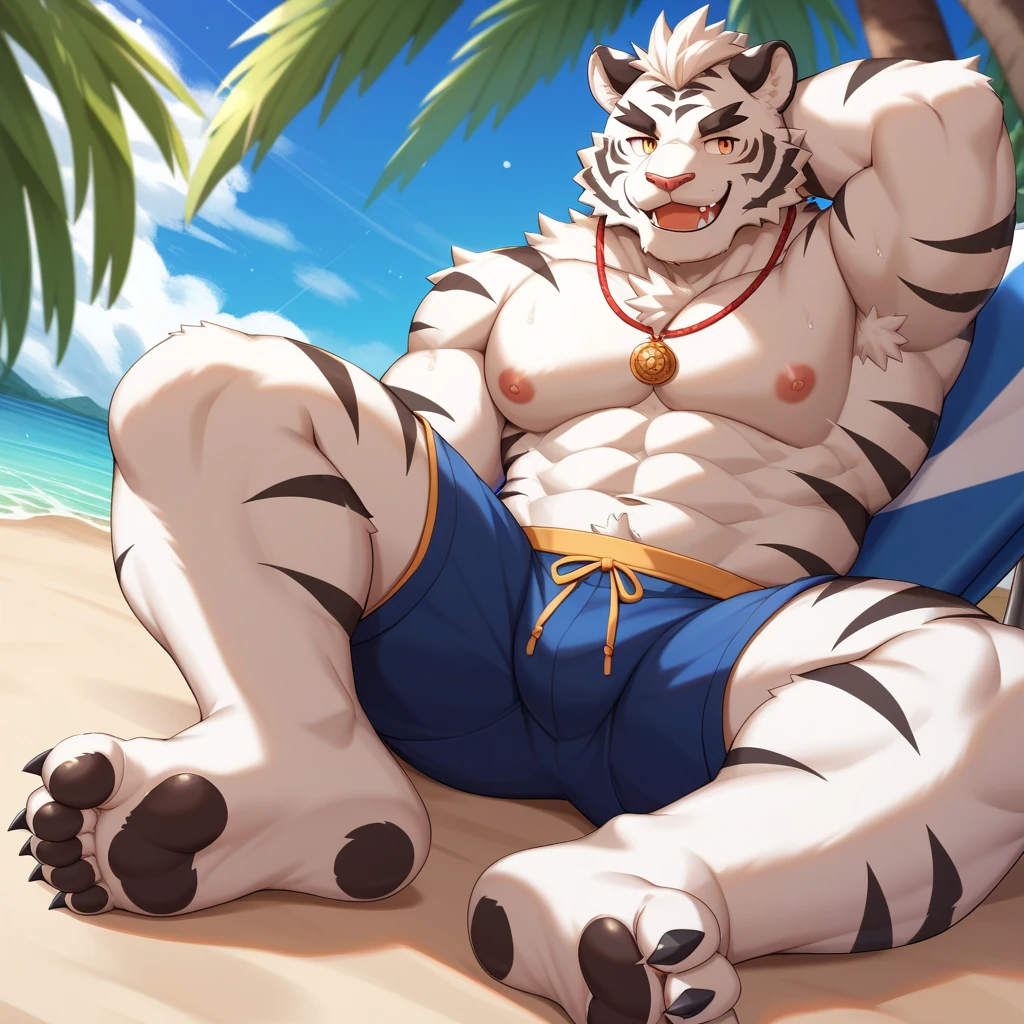 a close up of a tiger near a pool, ( ( god king of ai art ) ), tall and muscular, ssr card, sexy :8, indian god, very furry, trans rights, wet floor, float, white cat, hidden message, errolson hugh, zen aesthetic, damage, daddy energy, sanskrit, water reflection!!!!!, yaoi, dungeon background, Big Dick