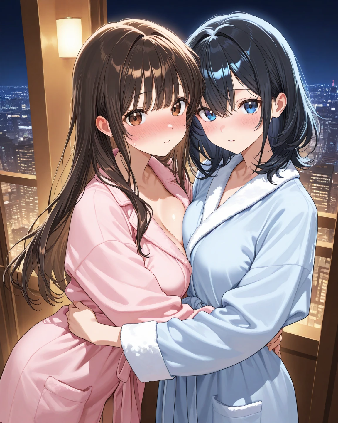 Two brown-haired women，Open-chested clothing，Water Cottage，Unbuttoned，They are hugging each other，Midnight，Adult atmosphere，Lying down