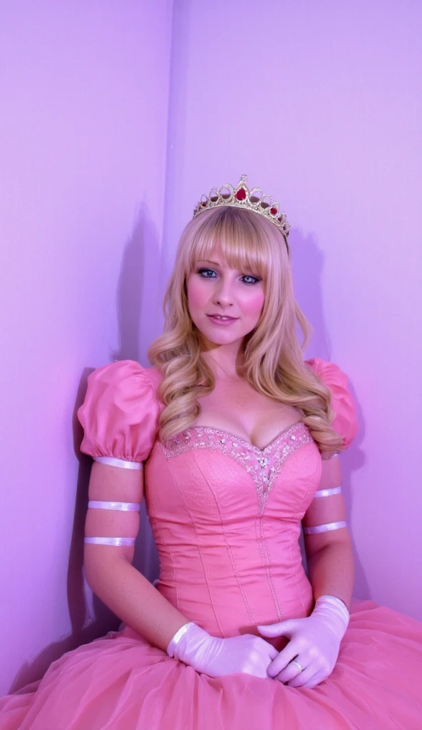 white princess peach cosplay, white princess peach with white bikini, with white hair, red eyes, tall and voluptuous, her crown with a pink diamond. little ghosts in the background, in the night church, photo