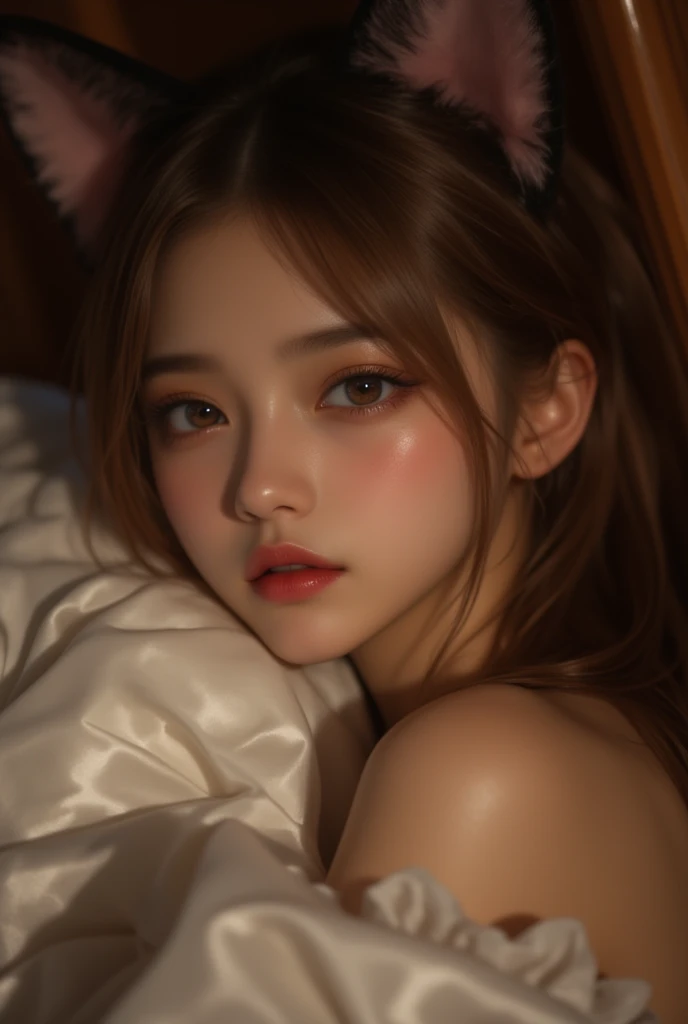 (photorealism:1.2), a man with jeong yunho face claim detailed, soft and cute features, oval soft face, soft chin, big doe eyes, puppy asian eyes, round pink lips, pale skin, feminine 
face features, detailed features, laying full body on a bed, dressed in pink boy clothes and small pink bows on his brown boy medium hair, slim body and plane chest, with small shorts, crossing his legs