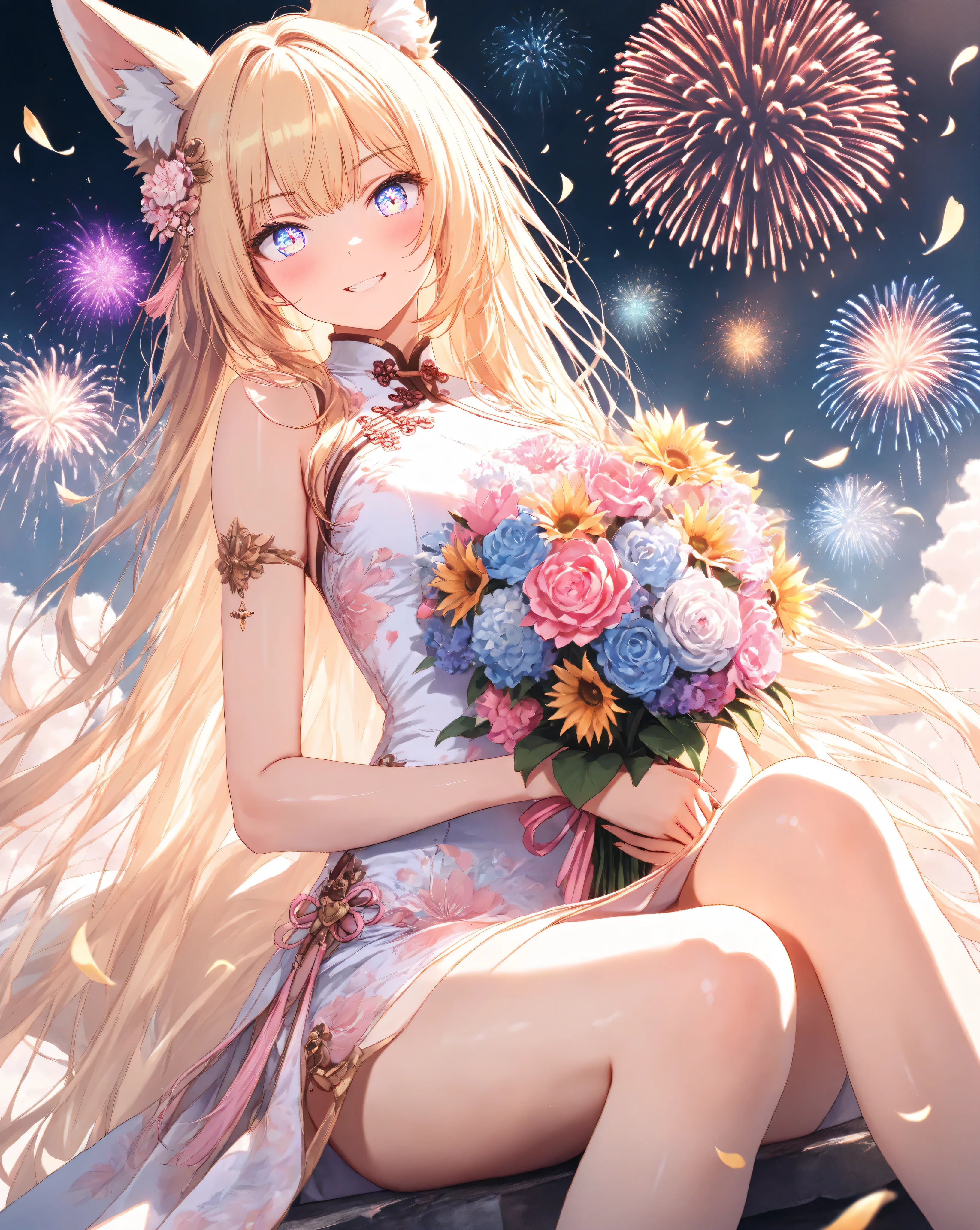 Quality: 
(high score), (masterpiece, detailed:1.2), (ultra-detailed), (ultra-quality), (super-resolution),

Art Style: 
(photorealistic):1.4, (2.5D):1.5, (golden hour lighting):1.6, (warm cinematic lighting):1.5, (volumetric light rays):1.4, ray tracing, depth of field, (vibrant sunset pastel palette):1.3, dramatic angle, (ethereal atmosphere):1.2, (dreamy aesthetic):1.1

Subject: (close up),
(Breathtaking fox Woman):1.5,(Sassy pose):1.2,(triumphant-grin):1.4,(determined expression), (delicate fox ears):1.3,(delicate fox tail):1.3,
(delicate vivid eyes),(delicate and moisturized lips),(smooth and Slender body lines):1.3, (translucent and moisturized skin), (graceful knee lines), (natural and beautiful leg lines), (delicate body contours),
(blonde hair with Soft Light):1.2, shimmering with digital light, meticulously detailed strands of hair, silky smooth texture, flowing like it flutters in the wind, natural shading and highlights
 (Holding a velvet-textured bouquet in both hands): 1.6, (A large bouquet of mixed pastel pink, lavender, light blue, and white roses): 1.5, soft green foliage, tied with a pastel pink ribbon, 
Outfit:
(A fitted Chinese dress):1.5,(Pastel lavender and pink gradient Chinese dress): 1.7, (Chinese dress with deep slits on the legs):1.6, (Chinese dress with pastel floral): 1.6,(Pastel pink floral hair ornament):1.4,(Chinese dress from which the fox tail emerges):1.2,
(Chinese shoes):1.2 

Background:
(night sky with vibrant fireworks):1.5, (red, gold, purple bursts), (orange to dark blue gradient), (sunflower field):1.4, (glowing petals), (bokeh effect):1.3, (shallow depth),
(distant blurred hills):1.2, (moonlight rays):1.1, (dust particles), (sunflower petals to glowing fairy butterflies):1.4, 